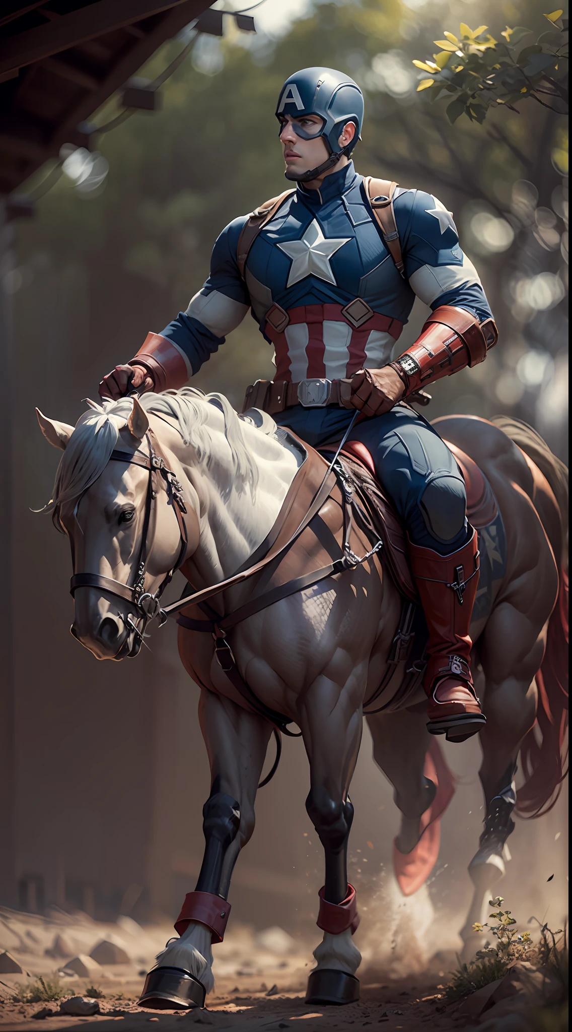 captain america riding horse. octane render, unreal engine, highly detailed, intricate