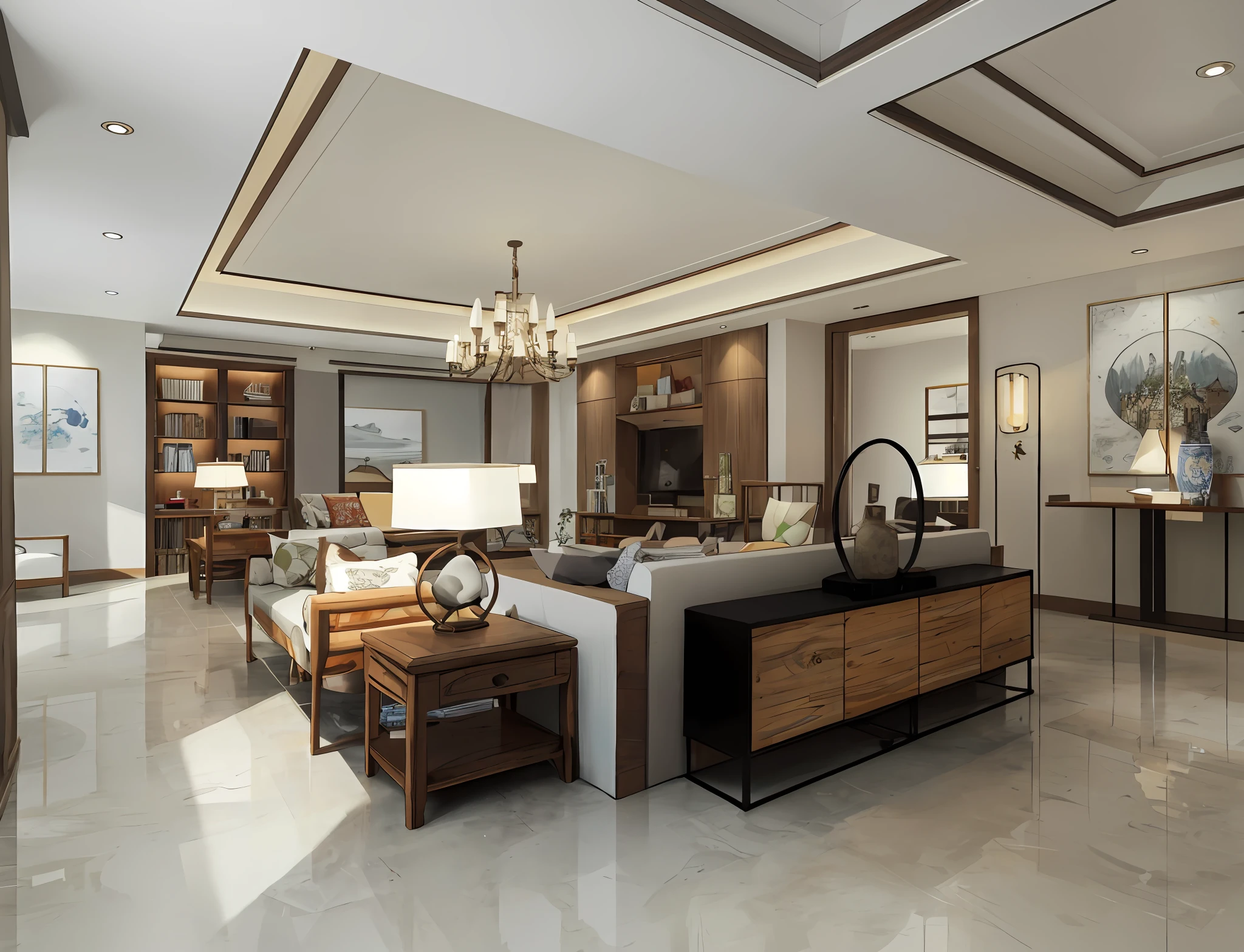 Sketch of a beautiful modern living room,(((foster and partners,artist impression,artistic impression,Hamish MacDonald,David Brewster,Higher detail illustration,Helen Berman,illustratio,A detailed illustration,Nick Fudge,Warren Mahi,artist impression))),Red kitchen cabinet behind white sofa,There are few pictures on the wall, Linen curtains next to classroom windows,Book case,coffee table,Modern wood,ceiling with magnetic emissive lighting,White fabric PRB texture,wooden floor PRB texture,