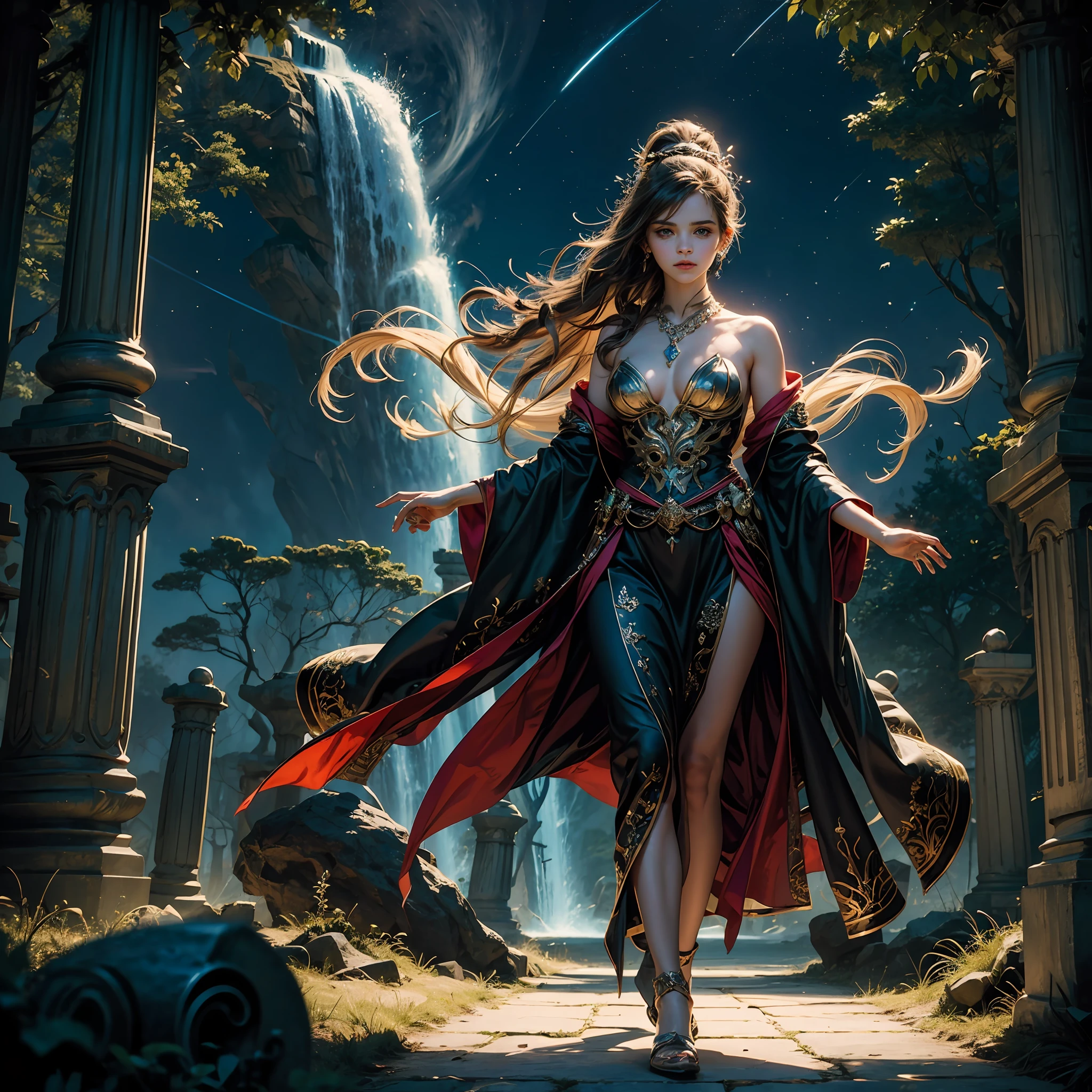 In a fantastical realm where magic weaves through the very fabric of existence, a beautiful emma watson as a magical-witch girl graces the world with her enchanting presence. Her ethereal beauty is as captivating as the spells she casts, evoking a sense of wonder and awe in those who encounter her.
With luminous, almond-shaped eyes that shimmer like stars, she possesses an otherworldly gaze that hints at the depths of her mystical powers. Her cascading locks of iridescent hair flow like a mesmerizing waterfall, carrying hints of hues that change with the ebb and flow of magic within her.
Dressed in flowing robes adorned with intricate, arcane symbols and shimmering gemstones, her attire reflects her status as a magical practitioner. The robes seem to dance with a life of their own, shifting and glimmering in response to the energies she channels. Around her neck, a delicate amulet crafted from a rare and powerful crystal amplifies her magical abilities, resonating with the energy that courses through her veins.
Her lithe and graceful figure moves with an effortless elegance, hinting at her control over the forces of nature. A celestial aura surrounds her, emanating a soft glow that adds to the mystique of her magical being.
In the heart of a mystical forest, the magical-witch girl stands amid ancient trees adorned with glowing runes.