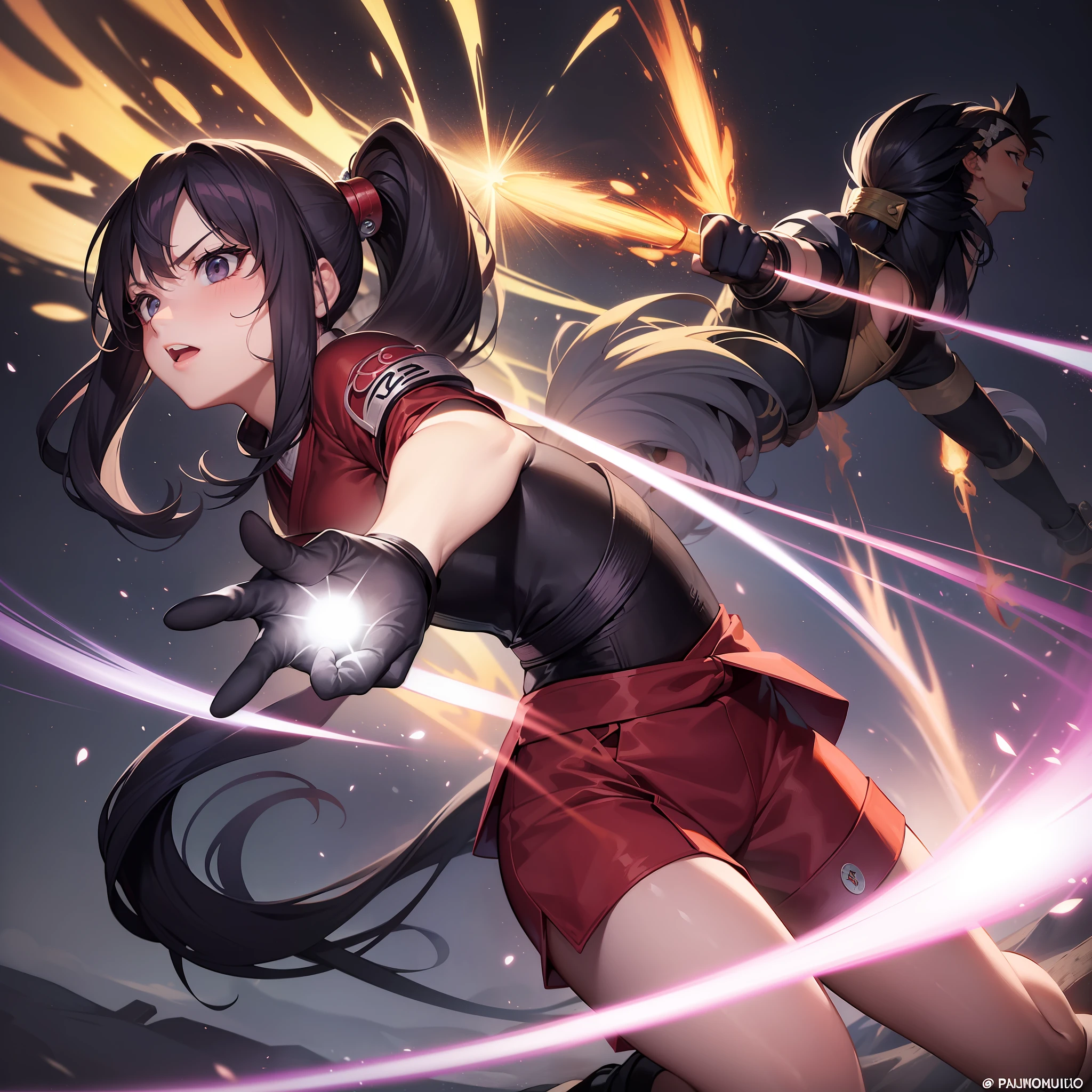 (((Kunoichi de Kumogakure, Vila Oculta da Nuvem))) Hiyori Karyū using the body technique (((Punho Divergente))) a powerful taijutsu perfected through generations within the Karyū Clan that allows you to store an immense amount of chakra directly in the fist. Por meio do chakra acumulado, The blow creates a spatial distortion when the user hits a punch on their target, seu chakra flui e faz um segundo impacto mais forte. Throwing the opponent for hundreds of meters, quebrando seus ossos, lots of action, (detailedfacialfeatures),
fundo detalhado intrincado, sonhador, anime, trend in Naruto anime, disco Rigido, ((Directed by: Masashi Kishimoto))):1.8, atmosfera, luminosidade, frontlighting