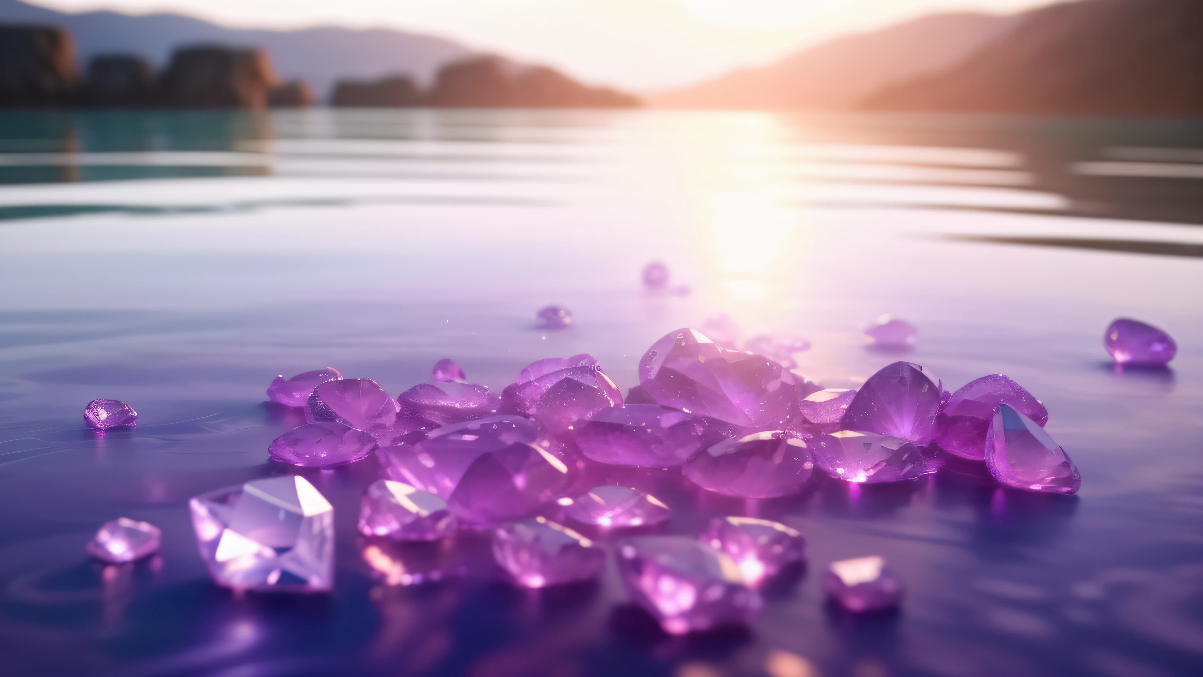 On the sparkling surface of the water is a light purple gradient laser tabletop,Hyper-realistic,photore,Accented with transparent diamonds,8K,Hyper-realistic,OC rendering,hyper HD,high high quality,tmasterpiece,Light sense --auto