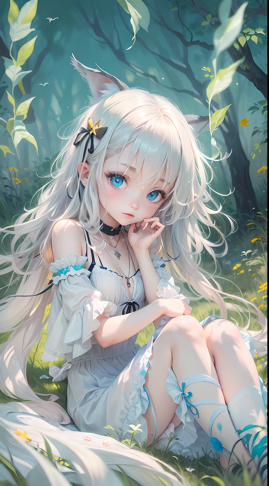 masterpiece,best quality,ligne claire,(dreamy),(colorful:1.3),perfect composition,1girl,absurdres,intricate details,fantasy,(solo:1.8),(loli:1.4),(focus girl),(looking at viewer),(Tie up a bunch of hair),flat chest,hair ribbon,necklace,(Tie up a bunch of hair),white hair,((very long hair)),messy hair,bright pupils,ahoge,loose hair,hair over crotch,bare shoulders,barefoot,small ,(frills),(black bow),Chest hollowing,(frills),sitting on grassland,(skyblue, eyes),white dress, collarbone, 
 eyes,ribbon,choker,anklet,lanklet,
outdoors,(wind:1.2),,grassland,sunshine,forest,starry sky,[:(mutated hands and fingers,one hand with more than 5 fingers, one hand with less than 5 fingers):0.8]