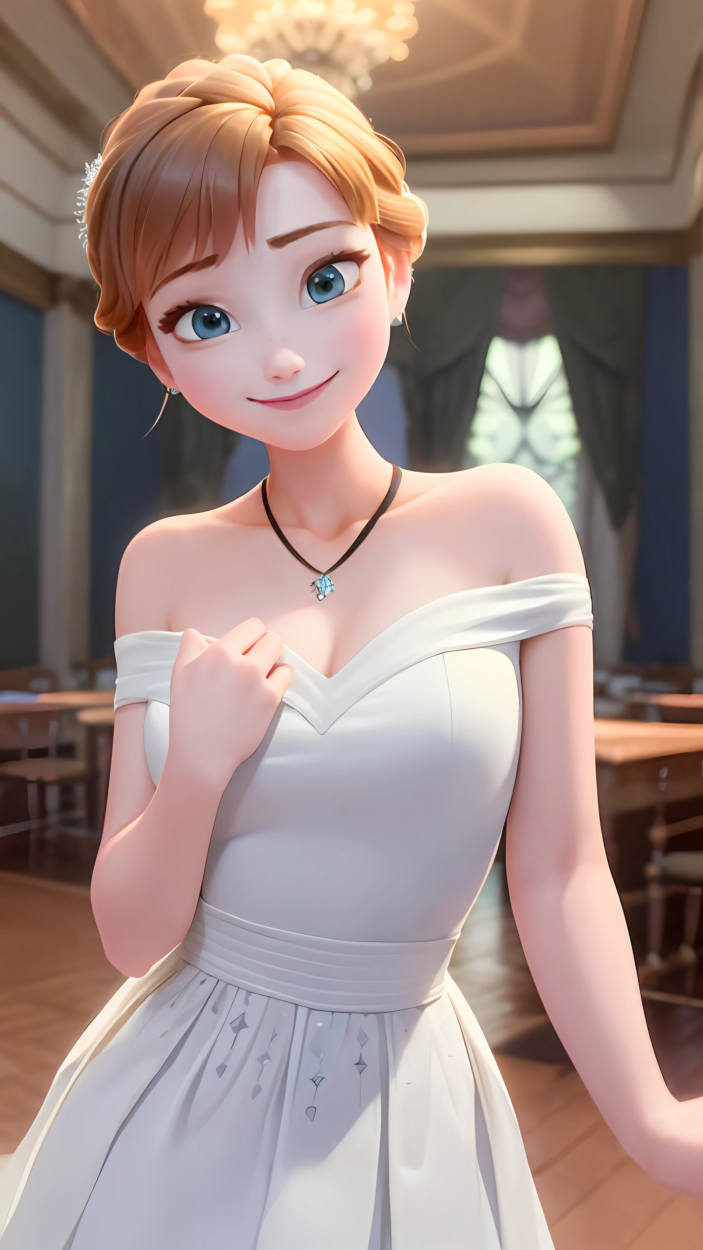 (masterpiece:1.4)、(best qualtiy:1.4)、(hight resolution:1.4)、Anna of Arendelle、bare shoulders、black bodice、Emphasize breasts、White skirt、White dress、a necklace、Uploaded、inside the house、ballroom、looking at the viewers、a smile、