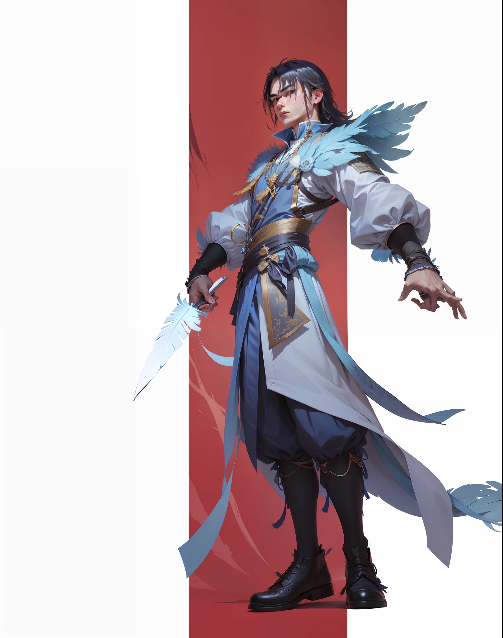 Hold a knife in your right hand,Feather decoration on the left shoulder,Blue streamer at waist,schoolboy,Xianxia,ccurate,chiaroscuro --auto