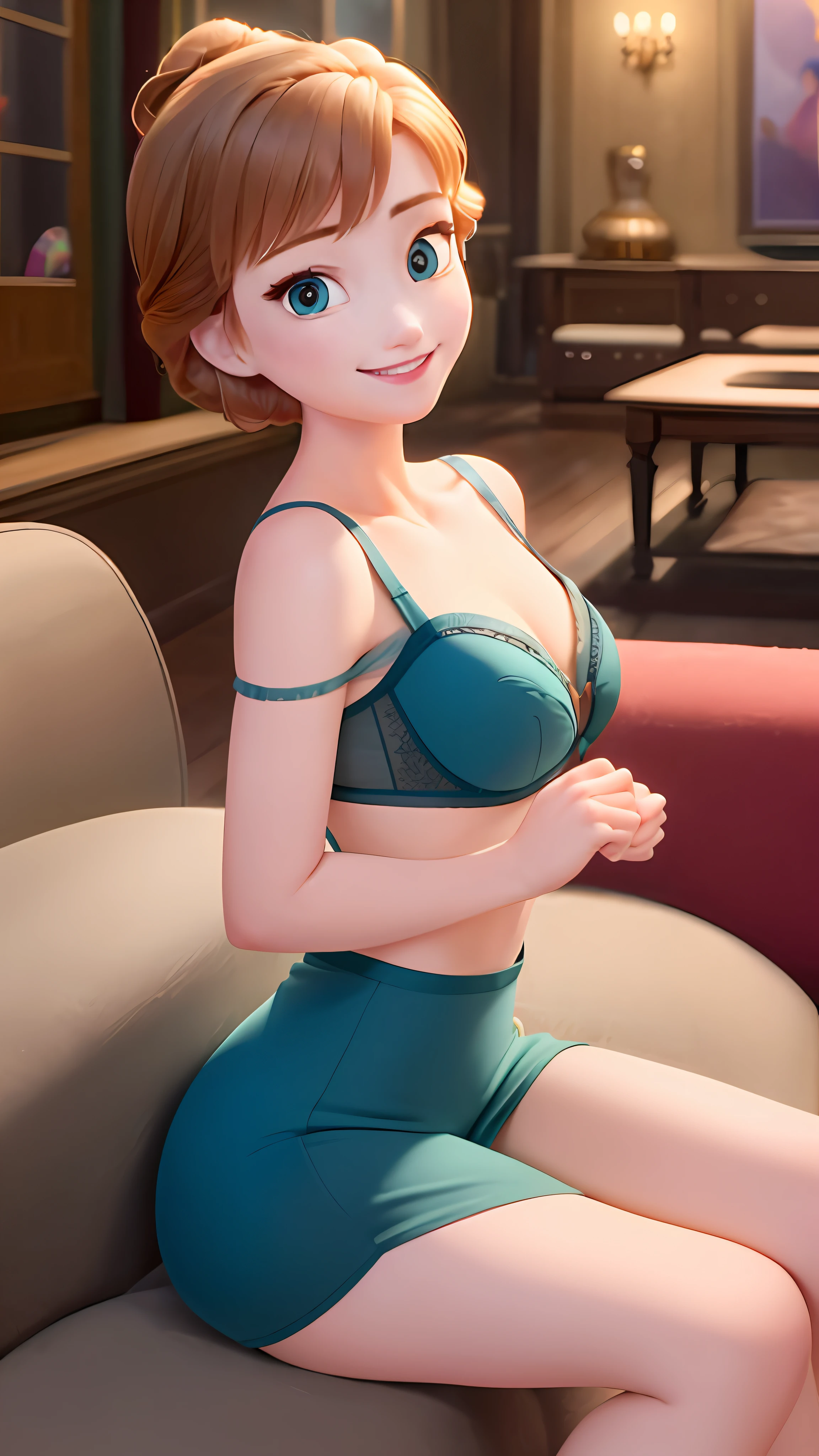 (masterpiece:1.4)、(best qualtiy:1.4)、(hight resolution:1.4)、Anna of Arendelle、bare shoulders、bra very、T back、Uploaded、inside the house、sitting in the couch、ballroom、looking at the viewers、a smile、