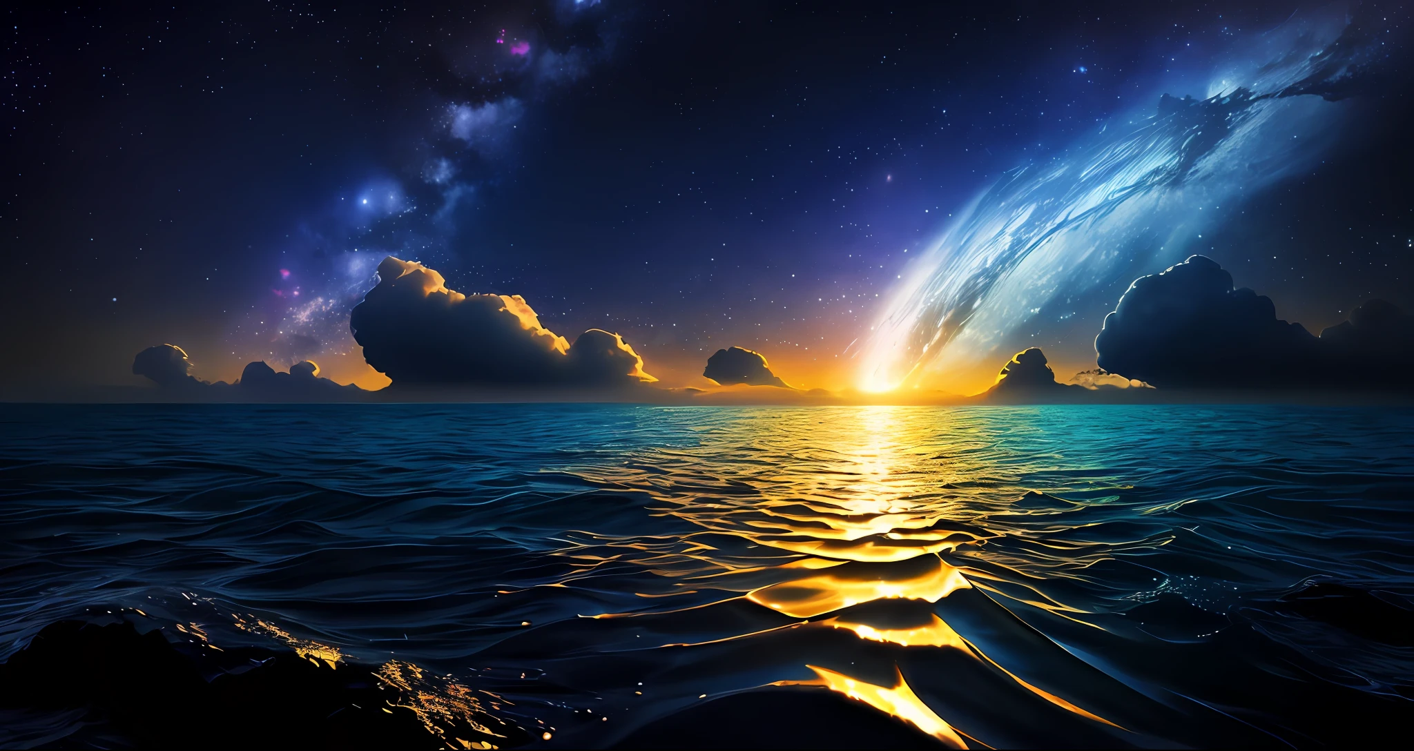 tmasterpiece, best qualtiy, starrysky,Huge blue moon,Huge occupies half of the picture,themoon,the ocean, Ripples, Colored nebula,Large clouds,Dreamy,too many beautiful things。