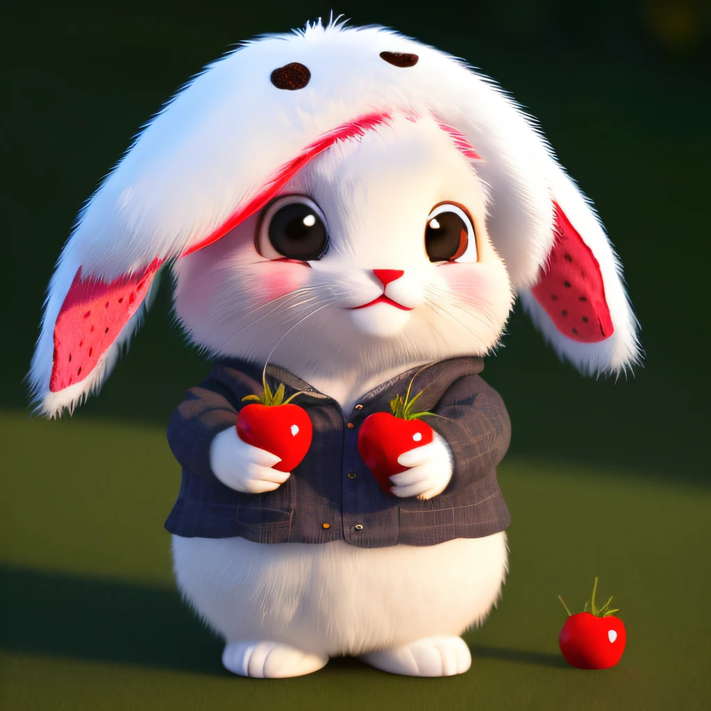 : 3. bunny, realistic, furry animal, apple, black eye, blush, cherry, food, fruit, full body, hat, non-human, strawberry, tomato, watermelon