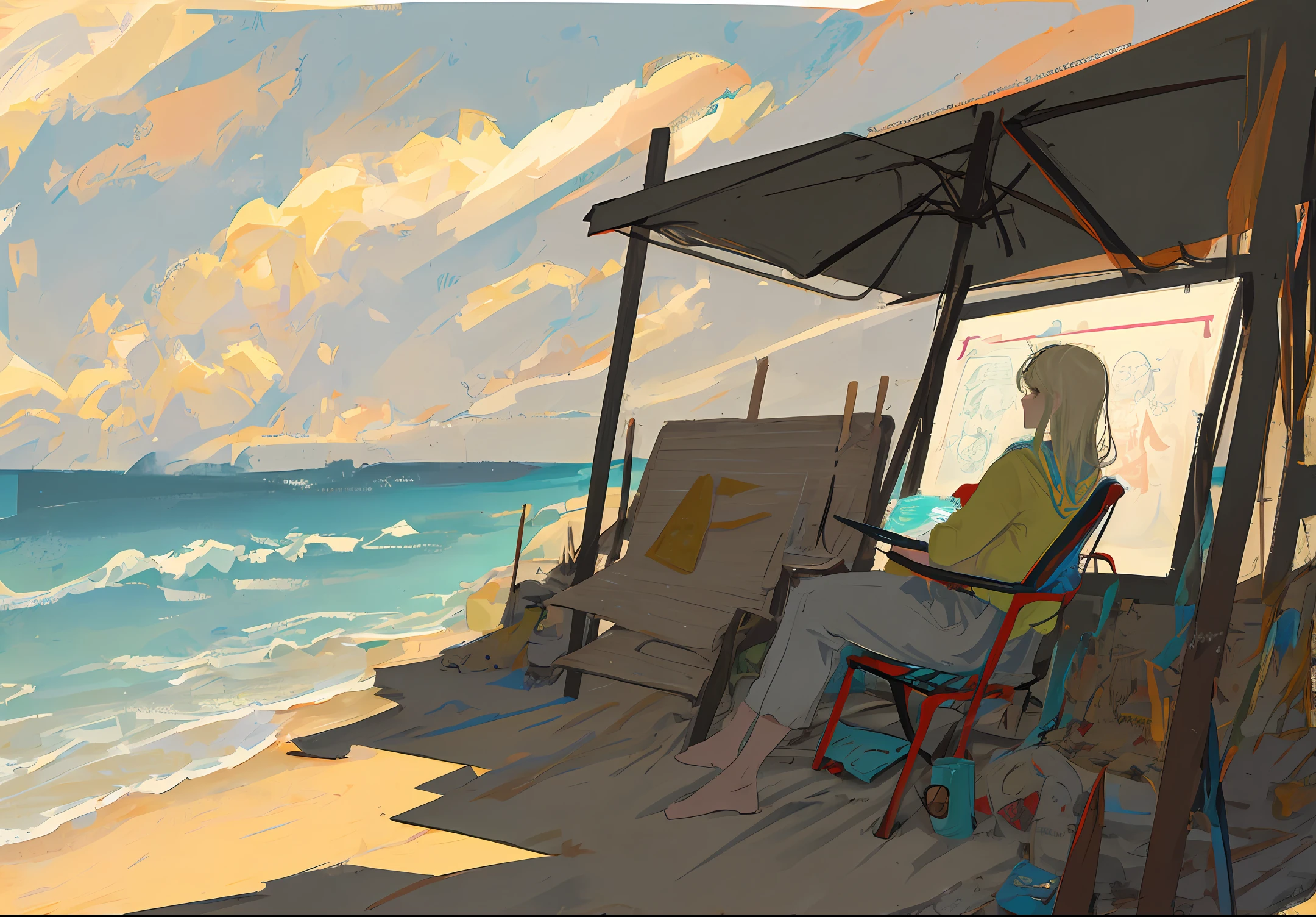 beachside，Under the bright sun，A man sitting in a chair under an umbrella writing code，There are beautiful women next to it，artist sketch，digital sketch，sketch illustratio，tending on art station，fine art sketch，master drawing，concept art sketch，digital drawing，sketching，contour drawing，art sketch，traditional drawing style