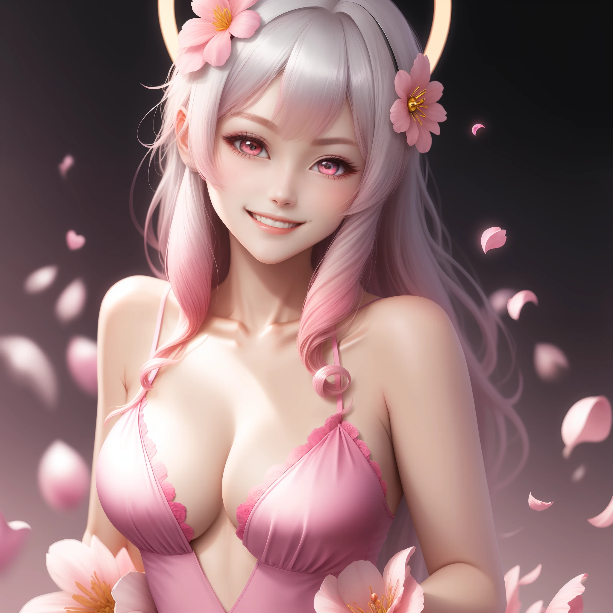 silber hair、whaite hair、long whitr hair、nedium breasts,cleavage,Yoke hair、Yoke hair、damp hair、Heart-shaped headband、The halo、Bell、pink hairband、flowers in head、Gradient eyes、Gradient color eyes、Pink eyes、ssmile、light smile、Seductive smile、Red lips、faint blush、blooms、depth of fields、Background bokeh,high detal、anime big breast、style of anime、tmasterpiece、textureskin、anatomy correct、precise、high qulity、high detal、HighestQuali、16k