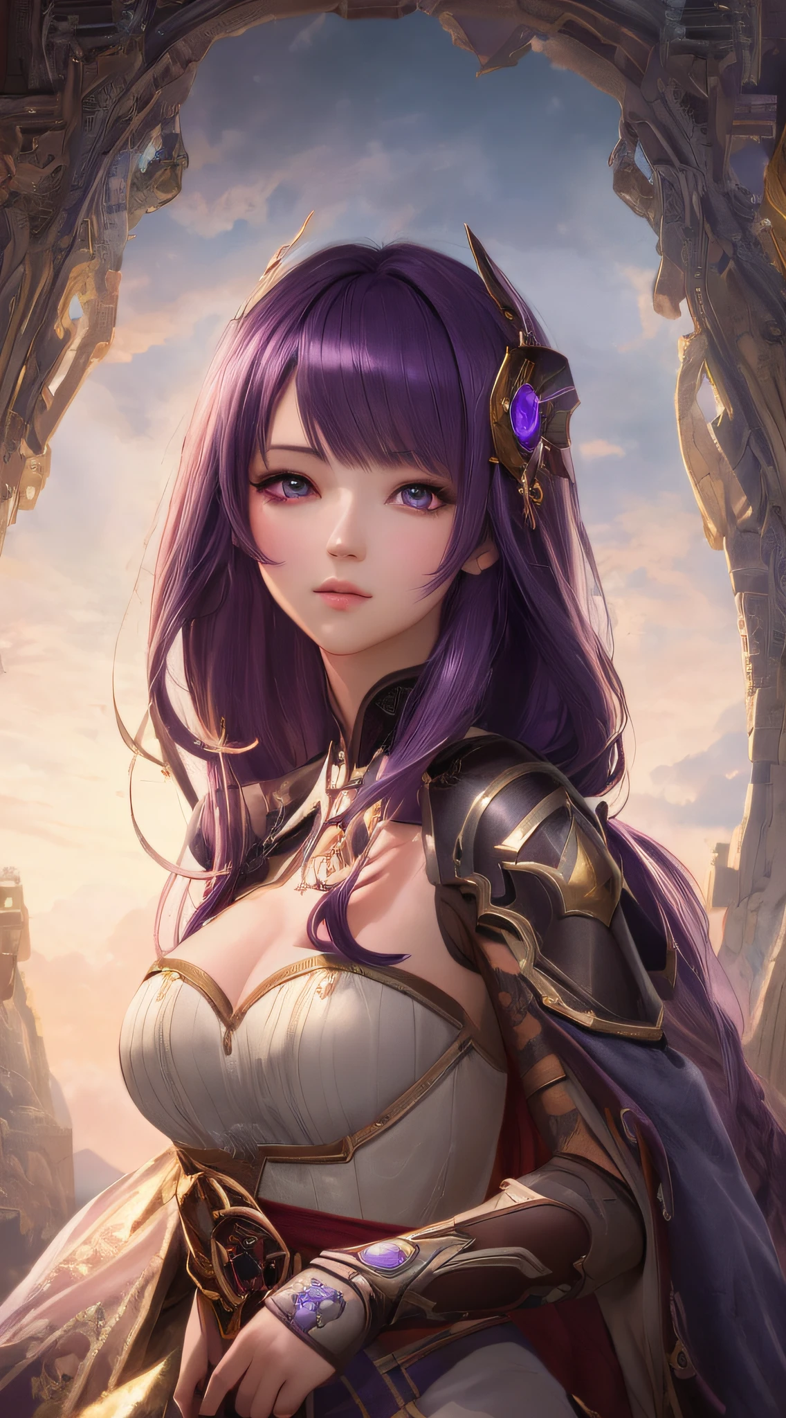 masterpiece, best quality, (extremely detailed CG unity 8k wallpaper), (best quality), (best illustration), (best shadow), absurdres, realistic lighting, (Abyss), beautiful detailed glow, art by PeterMohrBacher, soft lips, glossy lips, detailed eyes, purple hair