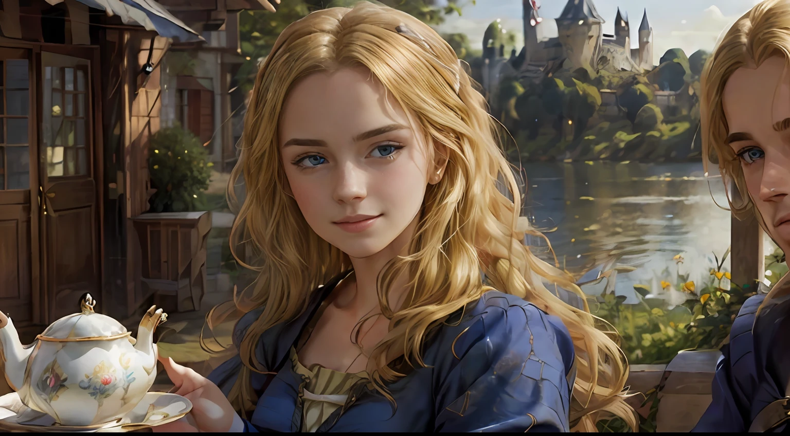 masutepiece, Highly detailed, Super realistic, 4K, 8K, Detailed background, Detailed face, Bright lighting, Daylight, Beautiful face, Beautiful eyes, Victorian style,  Art by James_Jean_Andrei_Rya Bobychev_marc_Simonetti, （One Girl And One Young Man）,
(-yeld press), (Blonde hair, Blue eyes, long curly hair), 
(She wears a gorgeous medieval dress:1.5), (Lakeside cottages),
(Tea time with young blonde man on shady terrace:1.5),（A slight smil）、（wide Shots）、