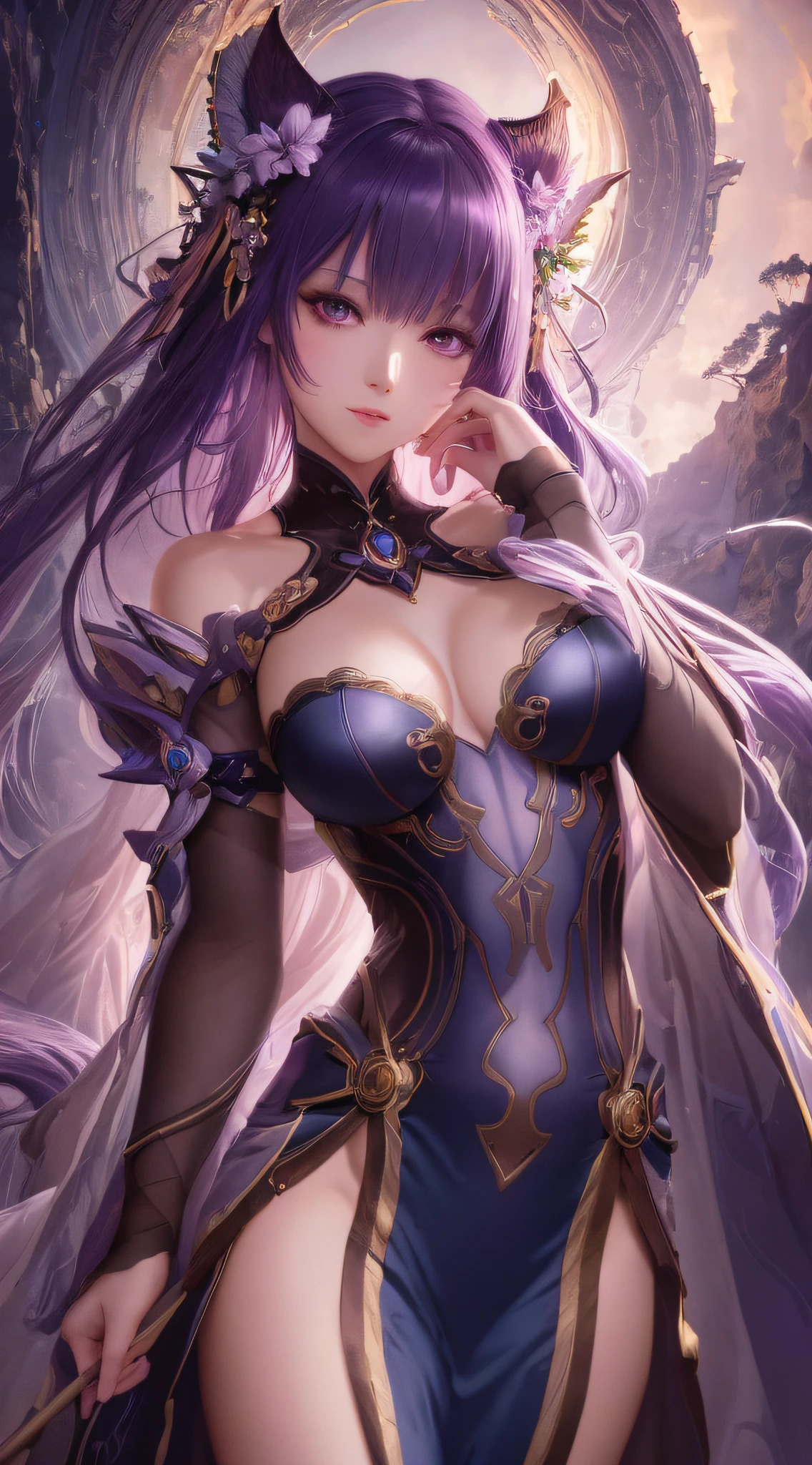 masterpiece, best quality, (extremely detailed CG unity 8k wallpaper), (best quality), (best illustration), (best shadow), absurdres, realistic lighting, (Abyss), beautiful detailed glow, art by PeterMohrBacher, soft lips, glossy lips, detailed eyes, purple hair