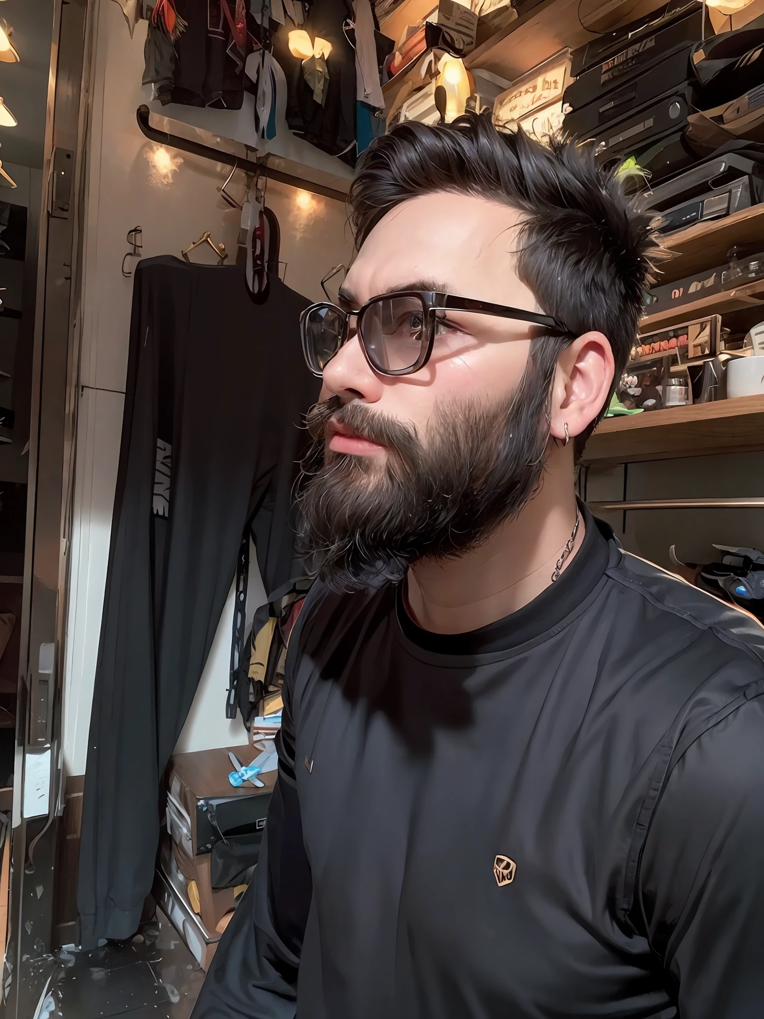 Man with beard side profile pic, dark beard, change back ground to wolverin, realistic face