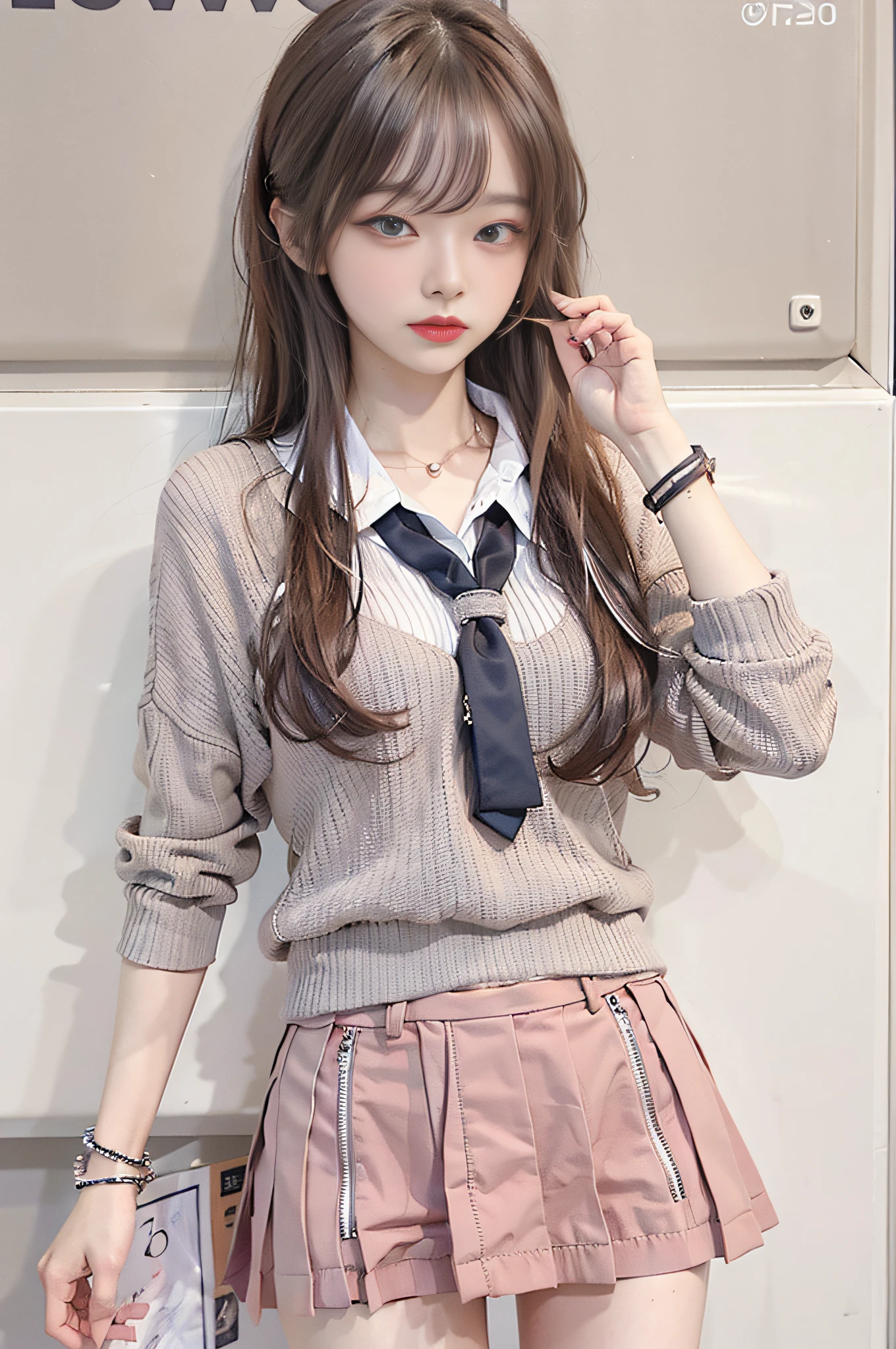 Ultra-high resolution shooting with the highest image quality、16 year old beautiful girl with big round breasts、Wearing sleeveless summer knitwear。She looks great in a formal office skirt。Her skin is fair and shiny、Elongated eyes and beautiful colorful eyes are attractive。beautiful eyes with a pale pink blush、Long eyelashes and beautiful double eyelids are also impressive。She applied eyeshadow、Shimmering brown hair and bracelets complement her charm。She stood in front of a gray wall、Symbolizes the gateway to large companies。