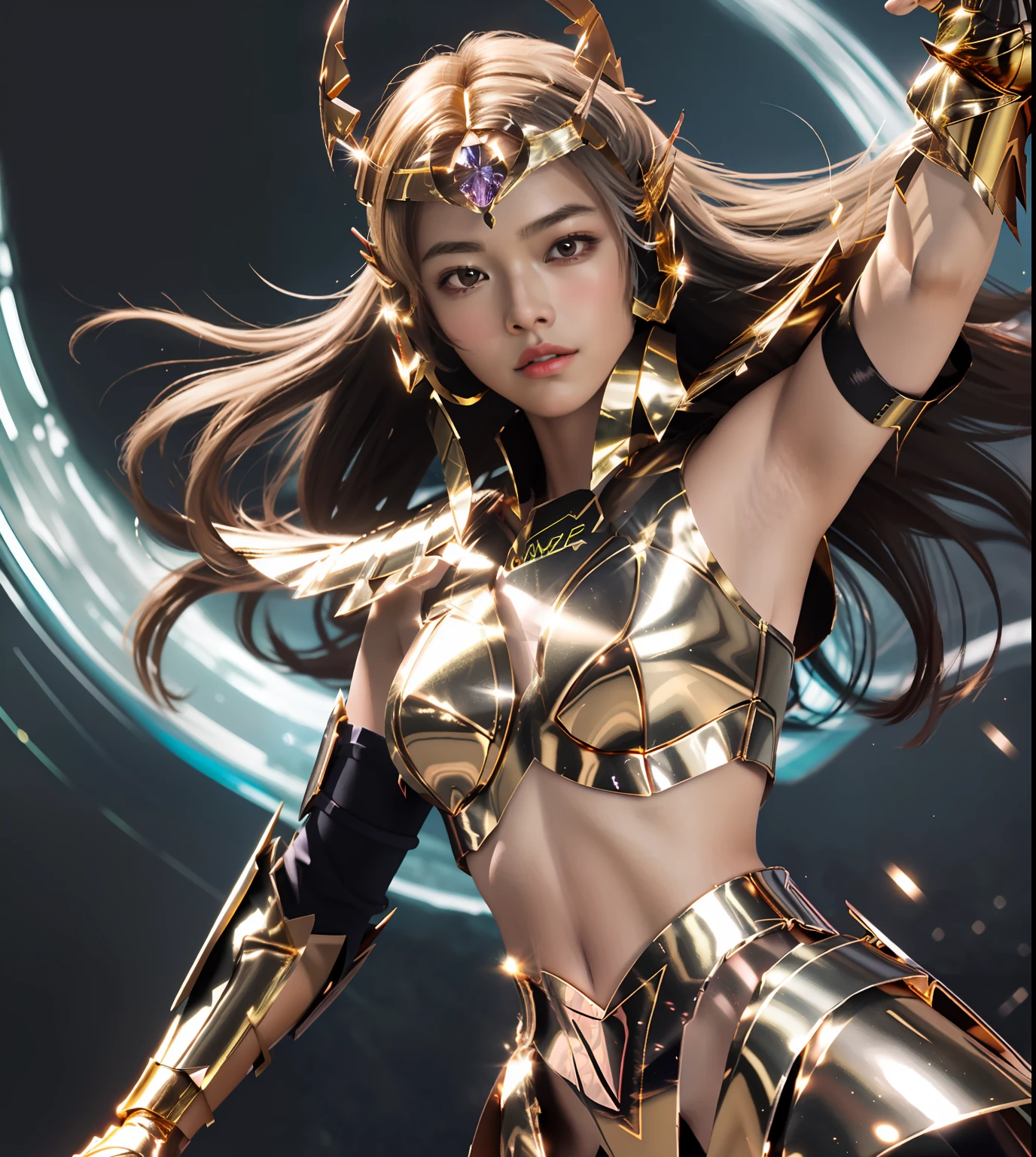 Ultra-high saturation（tmasterpiece）， fully body photo，（best qualtiy）， （1girll）， Wearing shiny gold armor， Sexy lingerie type armor，Expose your chest，Expose the waistline，Exposing thighs，cool-pose， Saint Seiya Armor， messy  hair，high detal, Anime style, Cinematic lighting, Sparkle, god light, Ray traching, filmgrain, hyper HD, textureskin, super detailing, Anatomical correct, A high resolution，Ultra-high saturation，hight contrast，High-gloss armor，Smooth skin，A sinister sneer