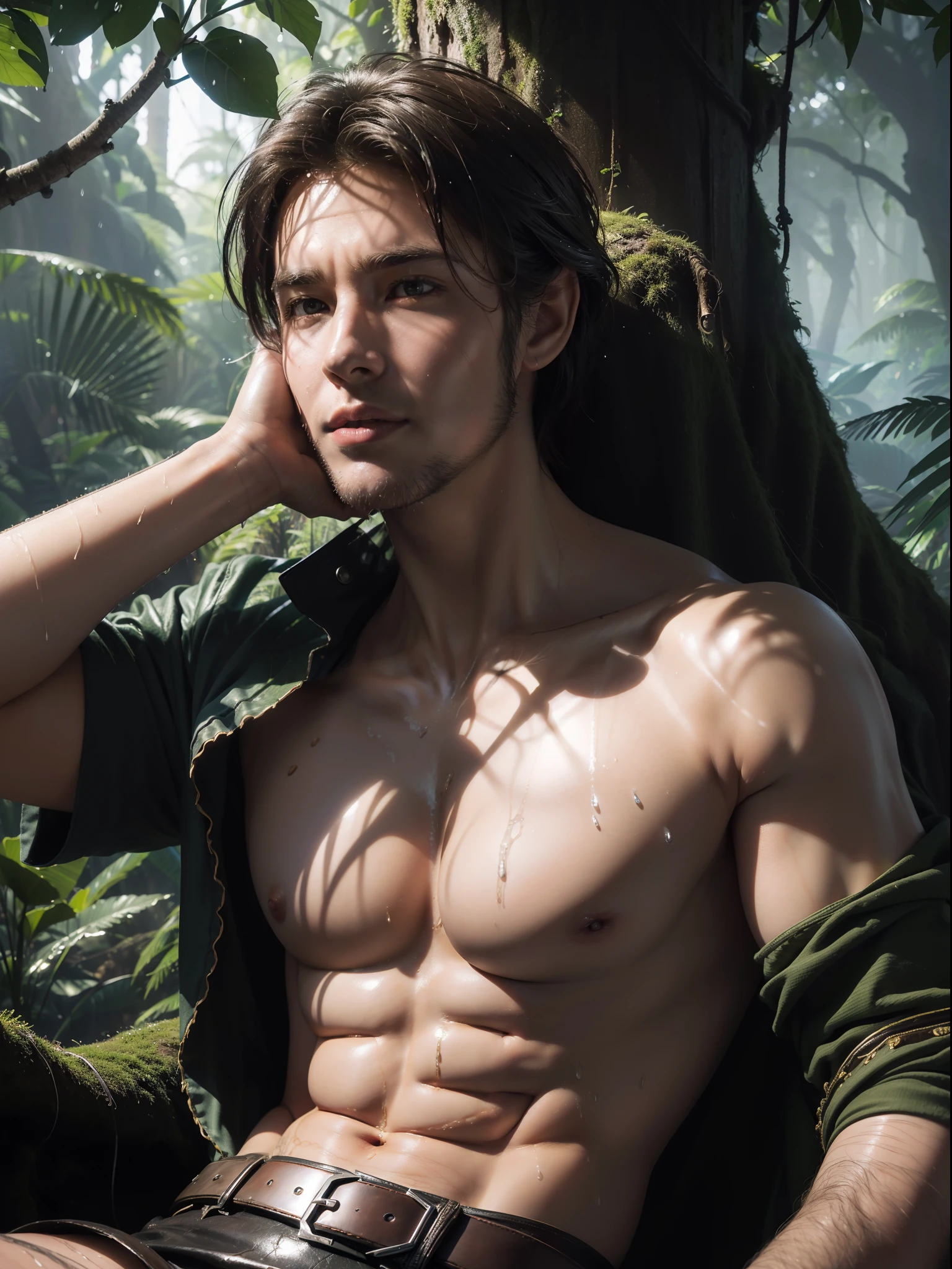 ((Realistic lighting, best qualtiy, 8K, tmasterpiece:1.3)), sharp fokus:1.2, of a guy,adventurer,explorer,closeup cleavage,Beautiful close-up((adventurer)),jungles,oases,giant and wet trees