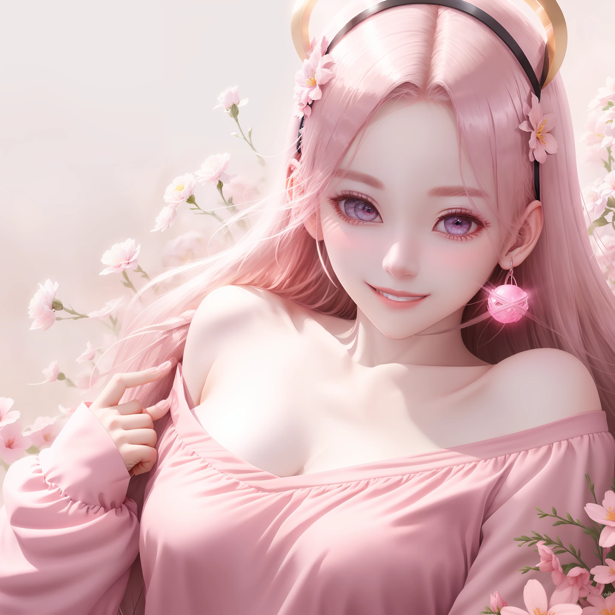 silber hair、whaite hair、long whitr hair、nedium breasts,cleavage,Yoke hair、Yoke hair、damp hair、Heart-shaped headband、The halo、Bell、pink hairband、flowers in head、Gradient eyes、Gradient color eyes、Pink eyes、ssmile、light smile、Seductive smile、Red lips、faint blush、blooms、depth of fields、Background bokeh,high detal、anime big breast、style of anime、tmasterpiece、textureskin、anatomy correct、precise、high qulity、high detal、HighestQuali、16k