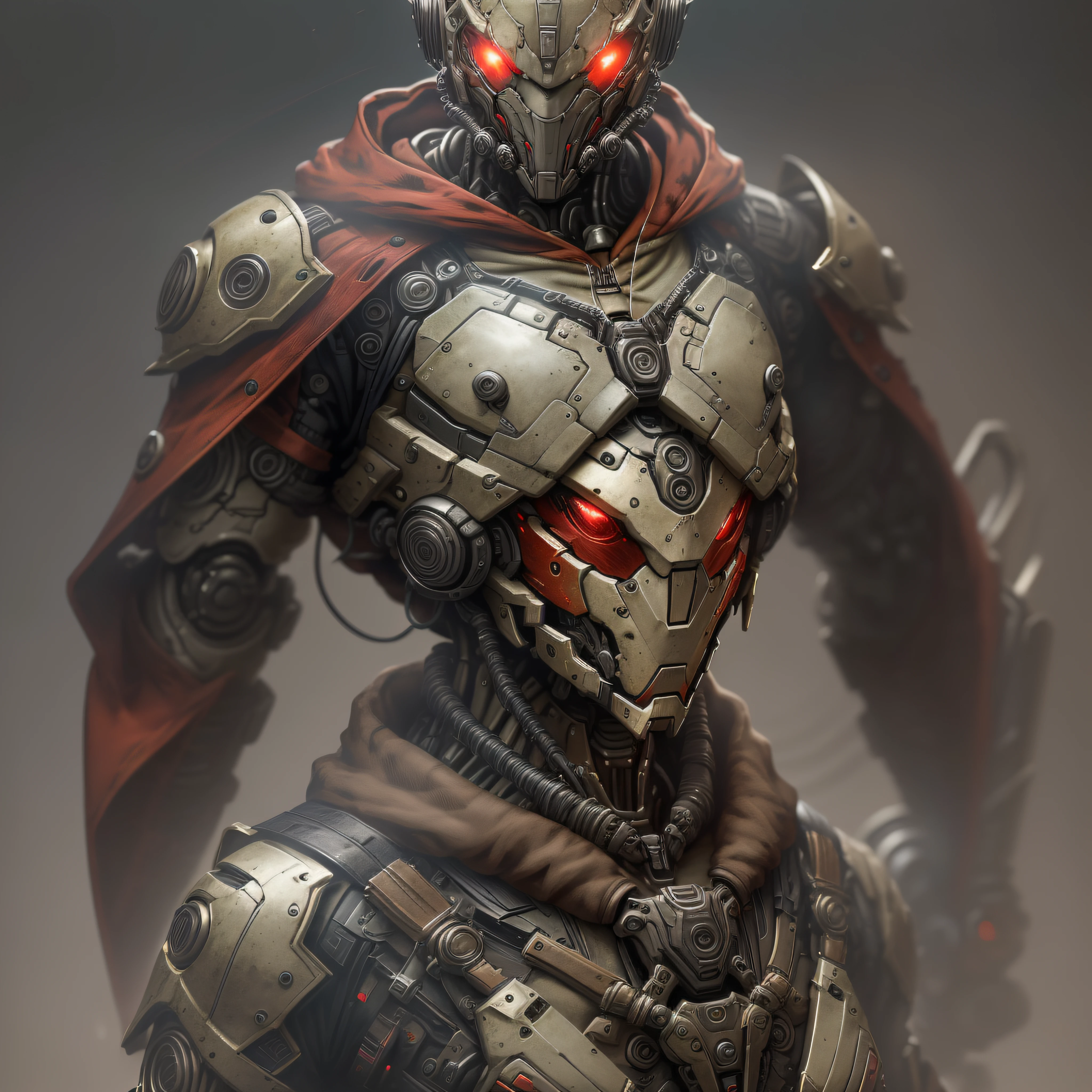 "Hyperrealistic rendering of The Red hood::9 red Helmet::9 Red upper torso::8 black armor::9 brown jacket::9 showcasing his black::9 biomechanical suit with intricate robotic details. The composition should emphasize his full figure, with clean and precise lines. The overall visual style should incorporate a cyberpunk aesthetic, reminiscent of a masterpiece featured on Zbrush Central."