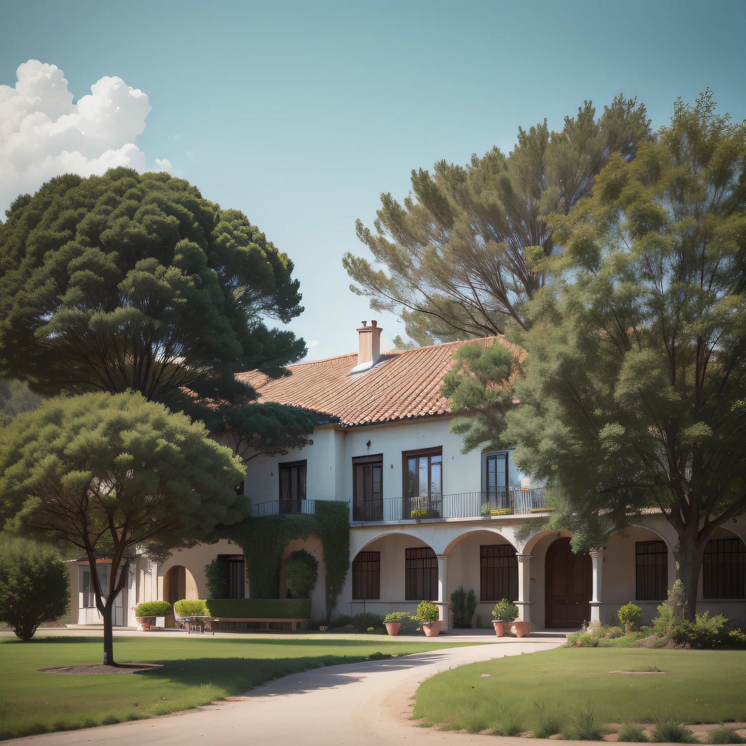 grazing in a Ribatejo landscape, muitos sobreiros e pinheiros, alguns tufos de alfazema na paisagem, ao fundo de arquitectura moderna e futuristica, arquitectura de casa colonial (Hacienda), Luxury house wrapped in greenery on the façade, existe um celeiro de madeira, arquitectura moderna, muitas arvores e algumas rochas, fotorealismo, muito detalhe