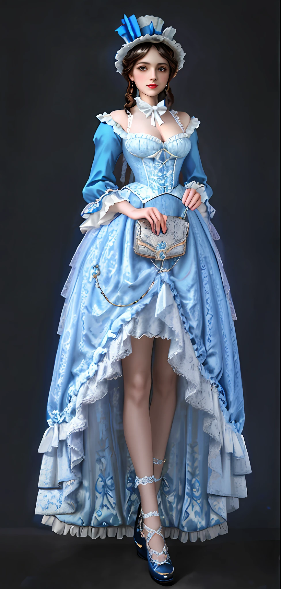 Arad woman holding purse in blue dress and hat, victorian blue dress, Rococo dress, rococo queen, dress in the style of rococo, rococo fashion, intricate victorian dress, Victorian ladies, 1 7 th century duchess, elegant lady with alabaster skin, Victorian dress, rococo style portrait, victorian inspired clothing, victorian style costume, Pure white skirt,
