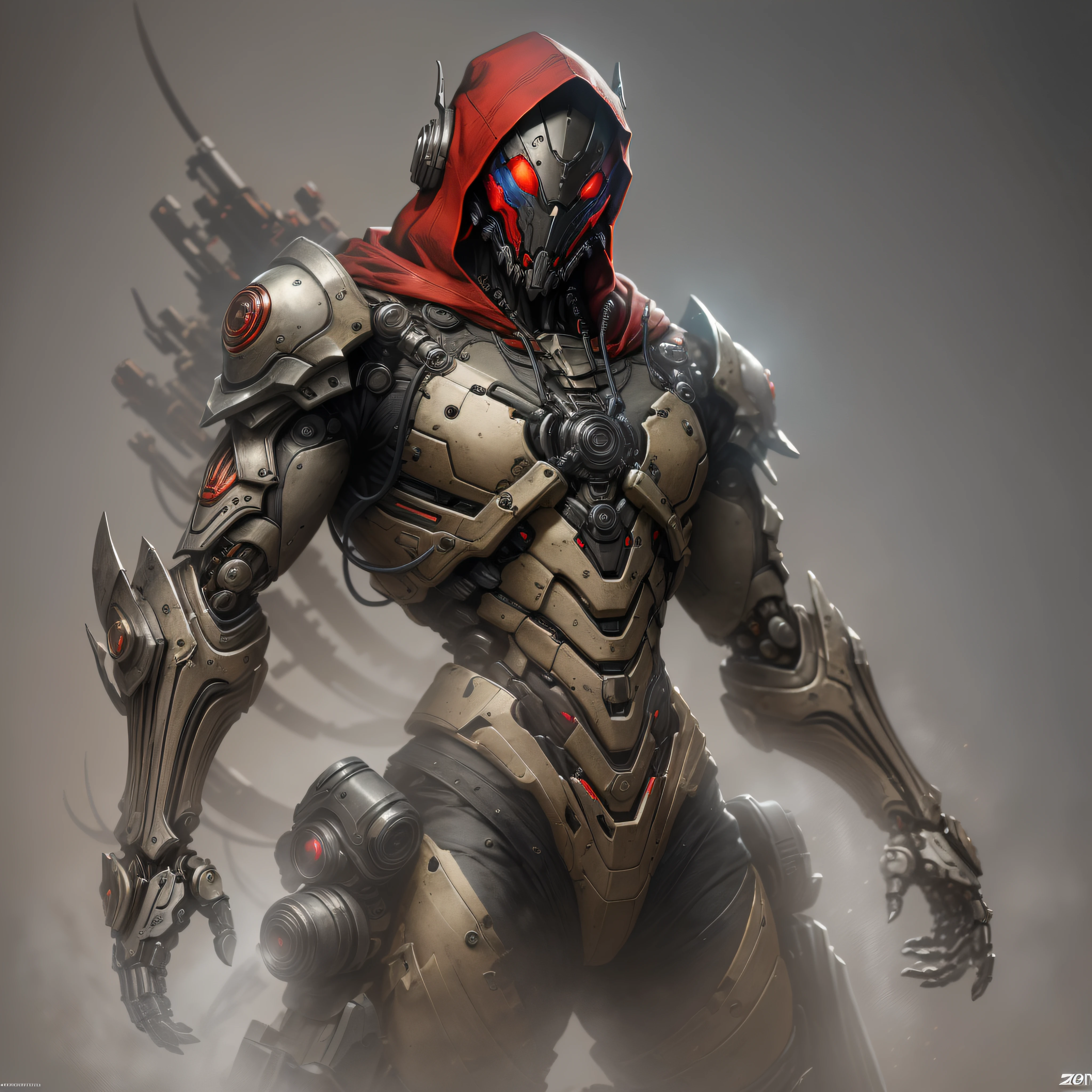 "Hyperrealistic rendering of The Red hood::9 red Helmet::9 Red upper torso::8 black armor::9 brown jacket::9 showcasing his black::9 biomechanical suit with intricate robotic details. The composition should emphasize his full figure, with clean and precise lines. The overall visual style should incorporate a cyberpunk aesthetic, reminiscent of a masterpiece featured on Zbrush Central."