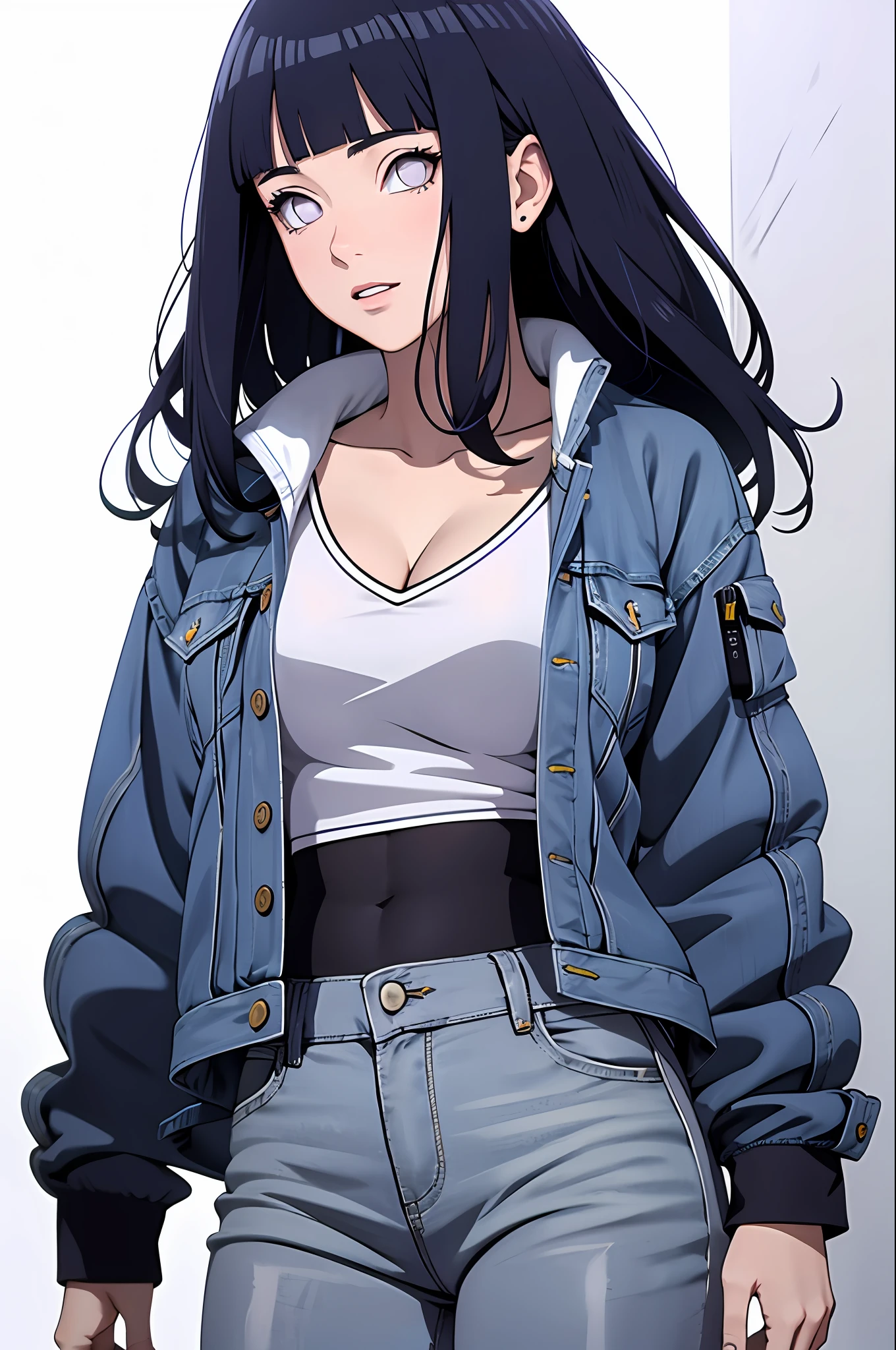 masterpiece, best quality, ((pure white background)), standing, (dark blue hair) ,cold face, full body, Denim jacket, white T-shirt, casual pants, (((Fashionable clothing))), happy, light effect, soft, super clear, high-definition picture, (front), purple eyes, blunt bangs, hinata/(boruto/), long hair,  medium breast, cleavage