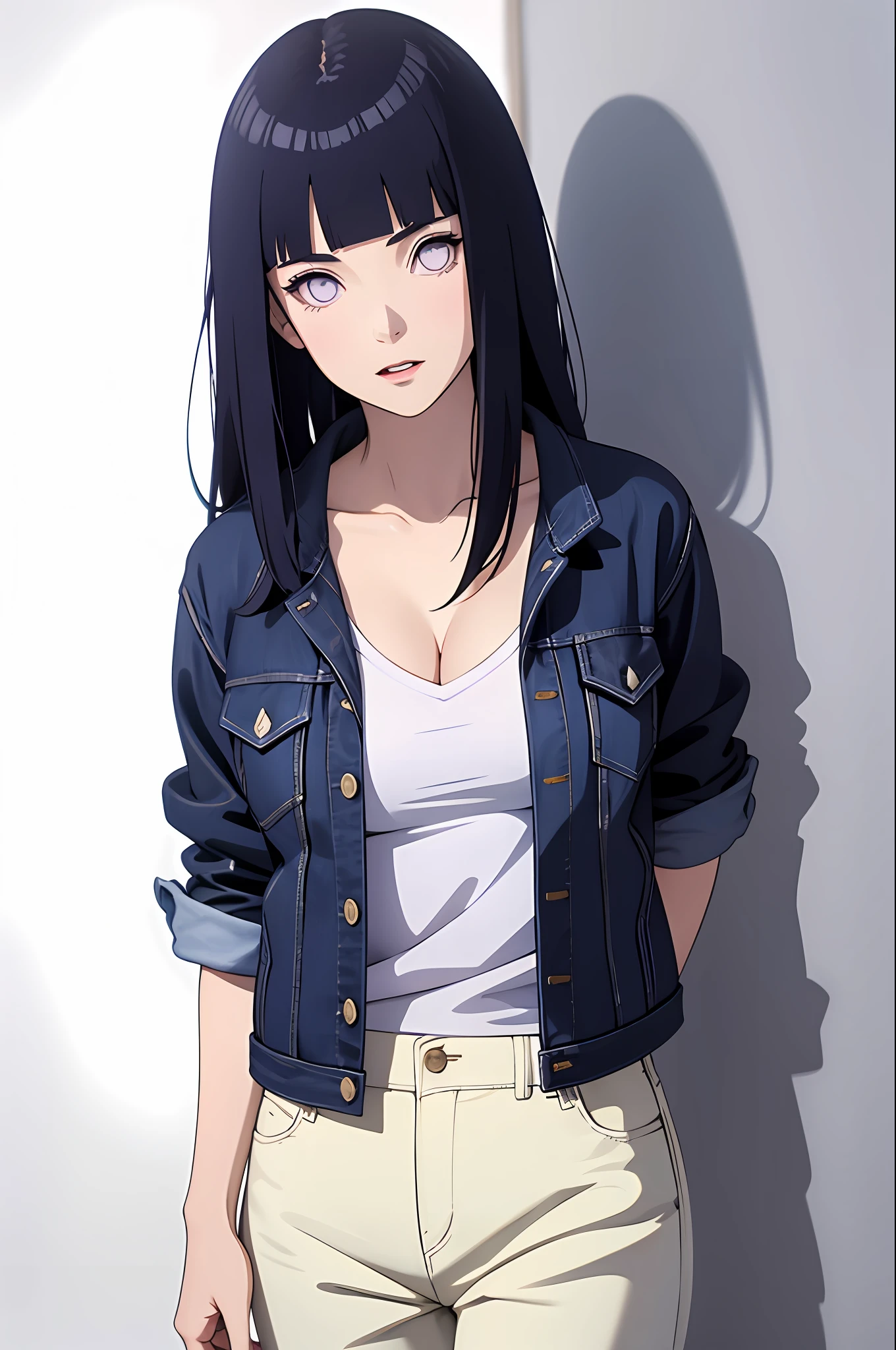 masterpiece, best quality, ((pure white background)), standing, (dark blue hair) ,cold face, full body, Denim jacket, white T-shirt, casual pants, (((Fashionable clothing))), happy, light effect, soft, super clear, high-definition picture, (front), purple eyes, blunt bangs, hinata/(boruto/), long hair,  medium breast, cleavage