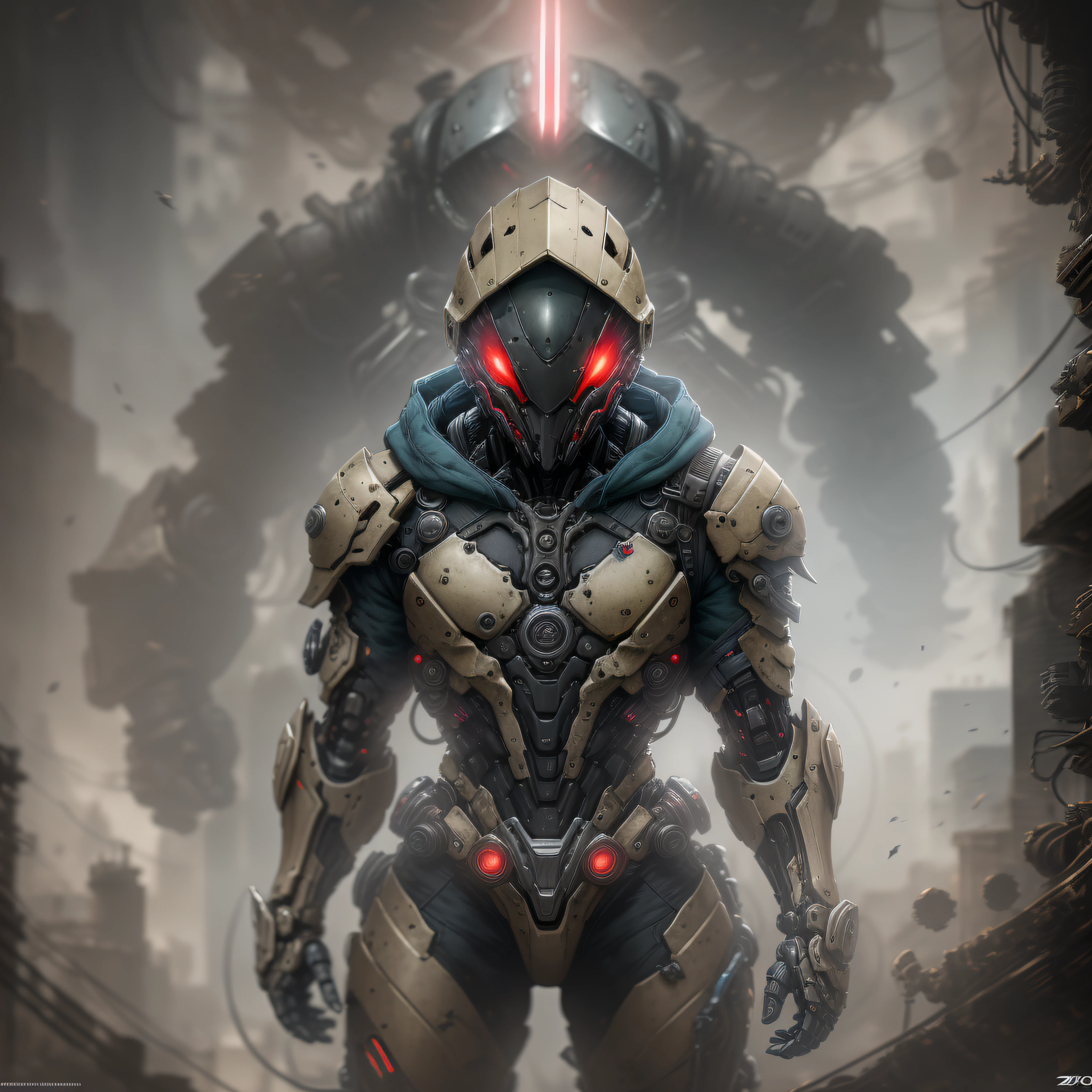 "Hyperrealistic rendering of The Red hood::9 red Helmet::9 Red upper torso::8 black armor::9 brown jacket::9 showcasing his black::9 biomechanical suit with intricate robotic details. The composition should emphasize his full figure, with clean and precise lines. The overall visual style should incorporate a cyberpunk aesthetic, reminiscent of a masterpiece featured on Zbrush Central."