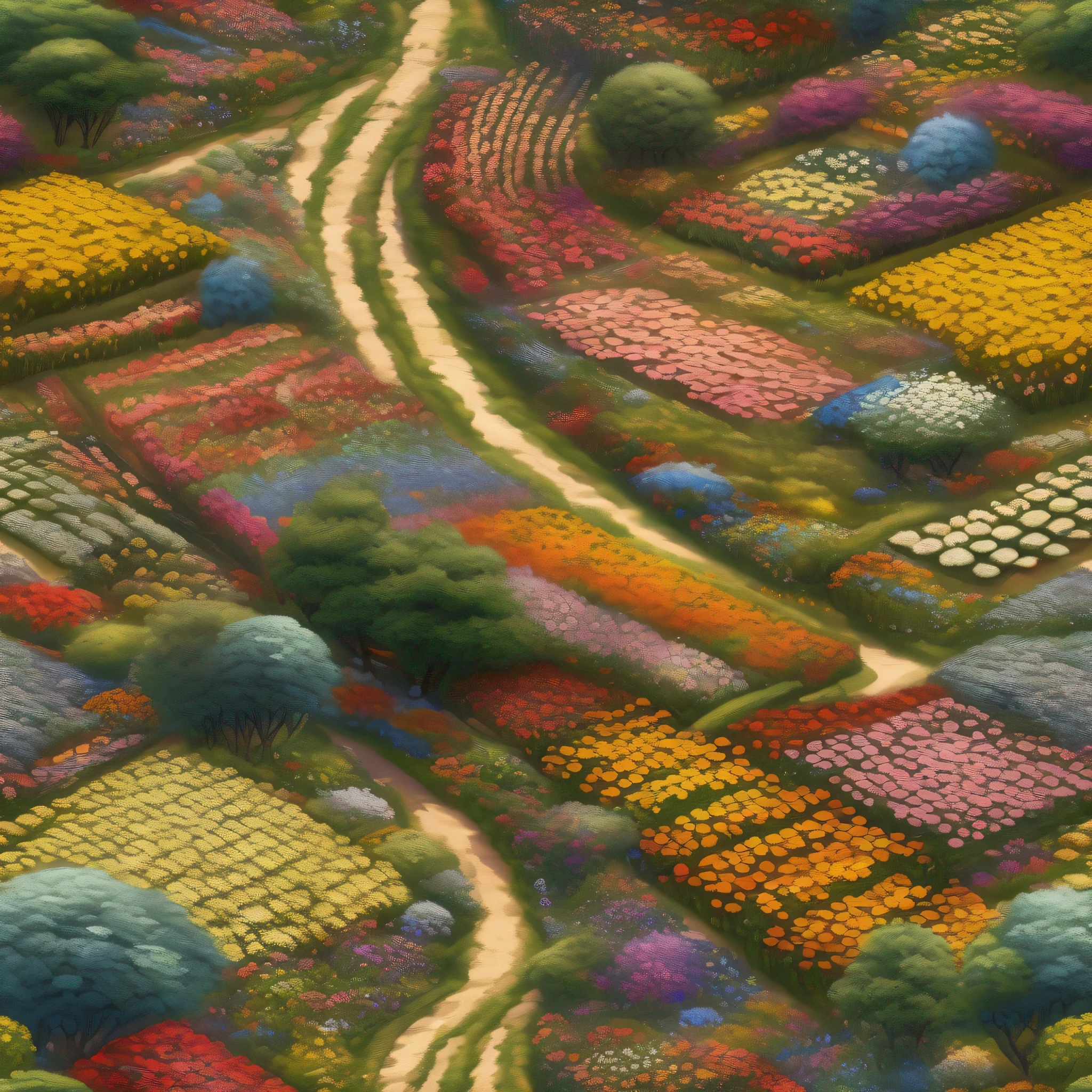 Top view,flower field, Flower Road,Both sides are full of flowers,The picture is of high quality,Art Ultra HD 4 K, Detailed scenery —width 672, author:Franz Hergi, scenery art detailed, 8K high quality detailed art, 4k highly detailed digital art, A high resolution, 4 k matte thomas kinkade