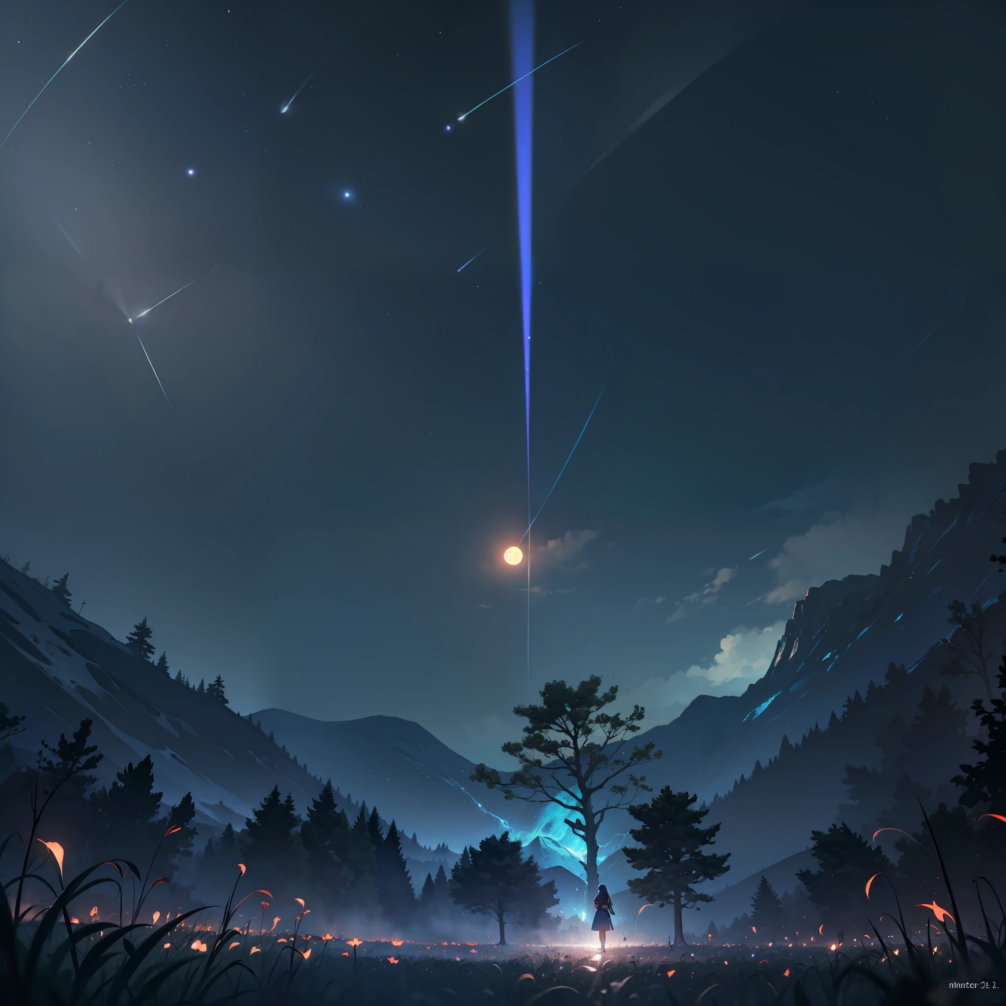 Vast landscape photo, (viewed from below, the sky is above and the open field is below), a girl standing on a flower field looking up, (full moon: 1.2), (meteor: 0.9), (nebula: 1.3), distant mountains , Trees BREAK Crafting Art, (Warm Light: 1.2), (Fireflies: 1.2), Lights, Lots of Purple and Orange, Intricate Details, Volumetric Lighting, Realism BREAK (Masterpiece: 1.2), (Best Quality), 4k, Ultra-Detailed, (Dynamic Composition: 1.4), Very Detailed, Colorful Details, (Rainbow Colors: 1.2), (Glow Lighting, Atmospheric Lighting), Dreamy, Magical, (Solo: 1.2)