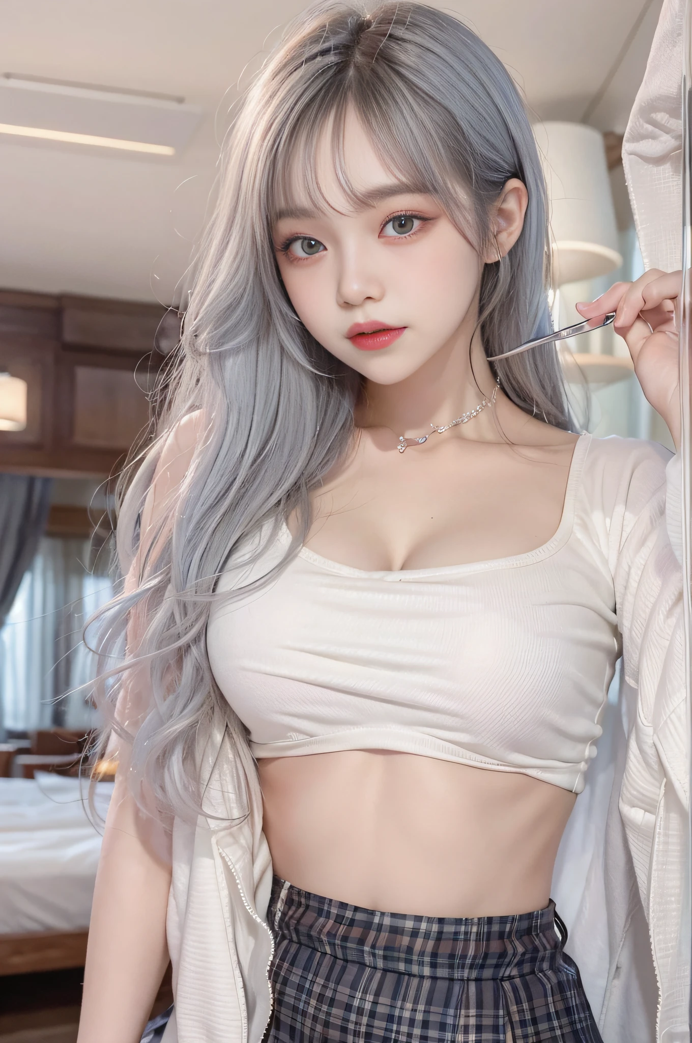 Top image quality、Raw photography、超A high resolution、-yeld Kon、very large round breasts、shiny breasts、cleavage of the breast、blue plaid skirt、Cropped Black Tank Top、fair white skin、shiny white skin、Beautiful eyes with random colors、beautiful eyes finely detailed、elongated eyes、pale pink blush、long eyeslashes、beautiful double eyelid、eyeshadows、Beautiful navel、Beautiful abs、Beautiful ribs、bright silver hair、bright white hair、Hotel room at night、Room with night view、large glass windows、