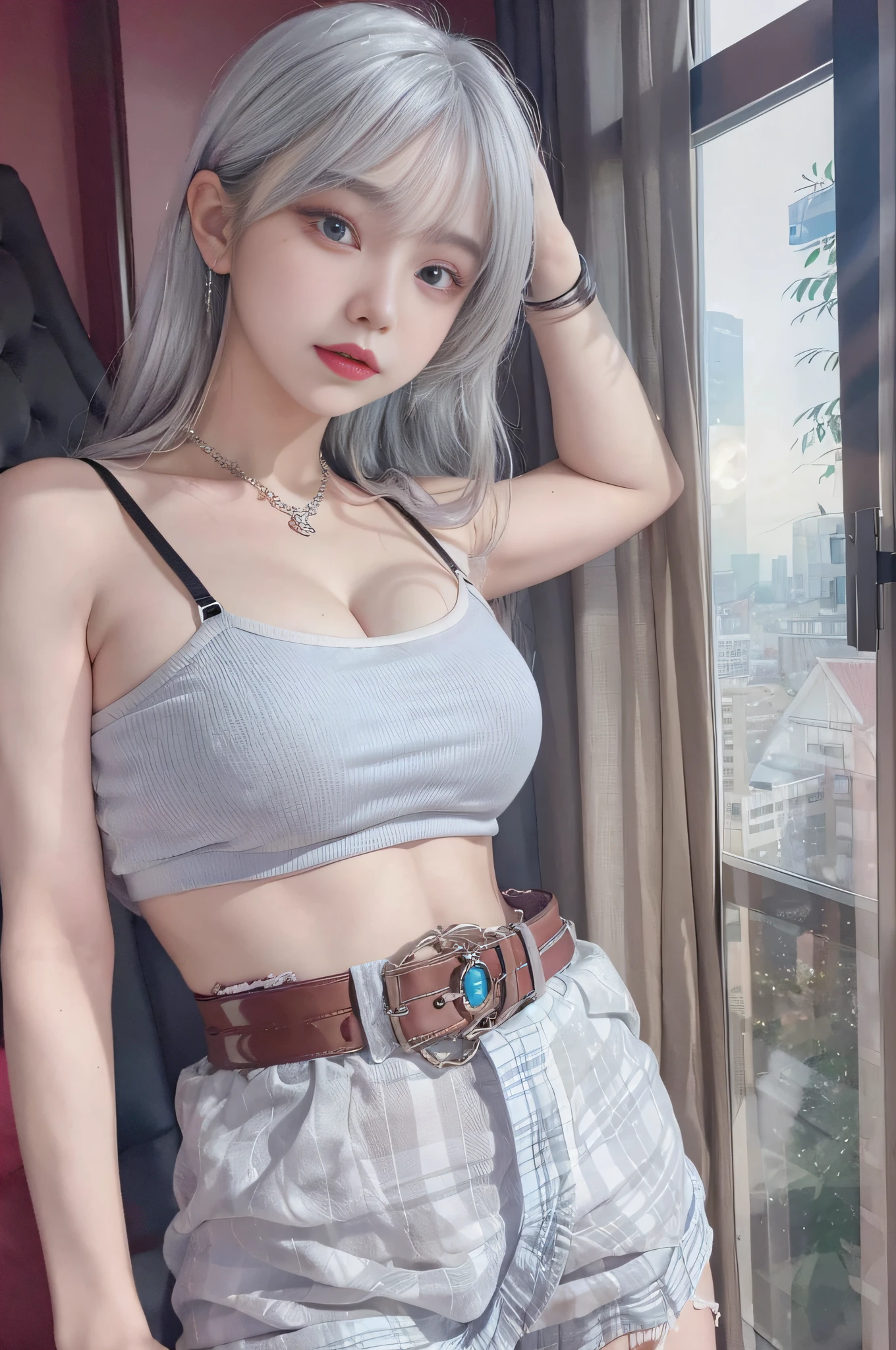 Top image quality、Raw photography、超A high resolution、 Korean、very large round breasts、shists、cleavage oreast、bl skirt、Cropped Bank Top、fair white skin、shiny white skin、Beautiful eyes with random colors、beautiful eyes finely detailed、elongated eyes、pale pink blush、long eyeslashes、beautiful double eyelid、eyeshadows、Beautiful navel、Beautiful abs、Beautiful ribs、bright silver hair、bright white hair、Hotel room at night、Room with night view、large glass windows、