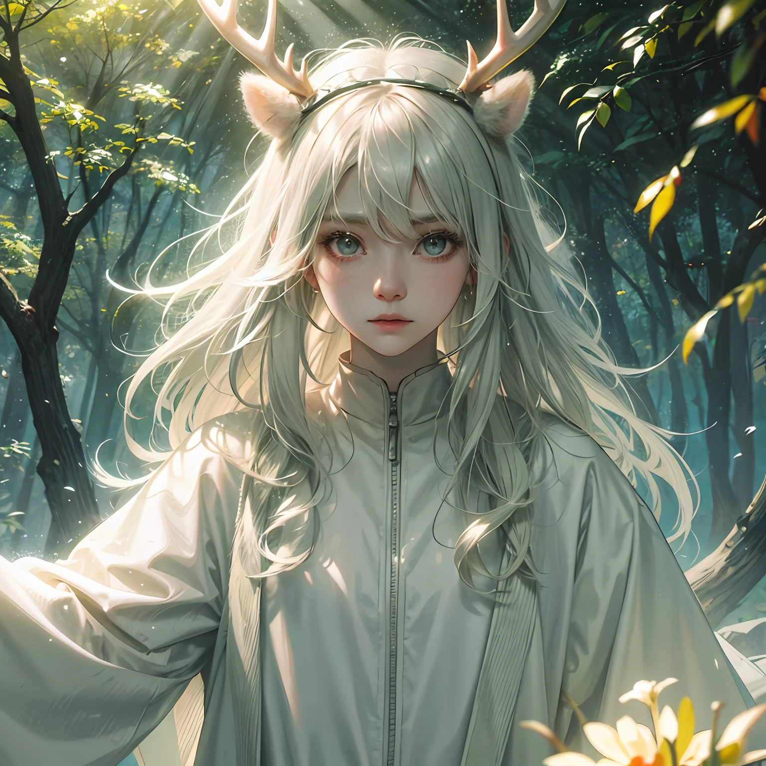 Early morning forest，Tyndall rays，White-haired Asian teenager，Antler headdress，Amber pupils，The body radiates sunlight。 --auto