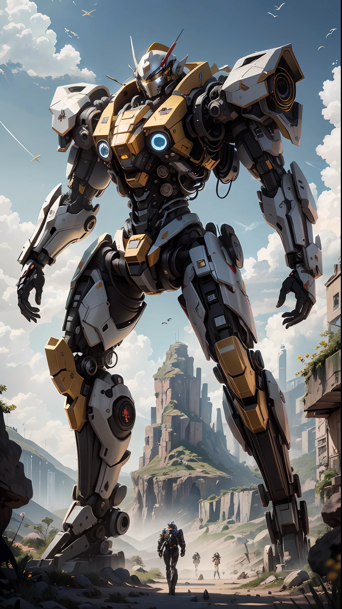 ((Melhor Qualidade)), ((Obra-prima)), (Muito Detalhado: 1.3), 3D, Icatu valkirie-mecha, Beautiful black man bearded cyberpunk wearing crown with his red and blue mecha in ruins of a forgotten war city, cabelos dreads longos, tecnologia sci-fi, HDR (High Dynamic Range), ray tracing, nvidia RTX, Super Resolution, unreal 5, espalhamento subsuperficial, textura PBR, Post-processing, anisotropic filtering, profundidade de campo, Maximum Sharpness and Sharpness, textura multi-camadas, Mapeamento especular e de albedo, surface shading, Precise simulation of light-material interactions, perfectly proportions, octane rendering, duotone lighting, ISO baixo, white-balance, rule of thirds, ampla abertura, 8K RAW, high efficiency subpixels, Subpixel convolution, glow particles, espalhamento de luz, efeito Tyndall, muito forte, corpo inteiro, pose de batalha,