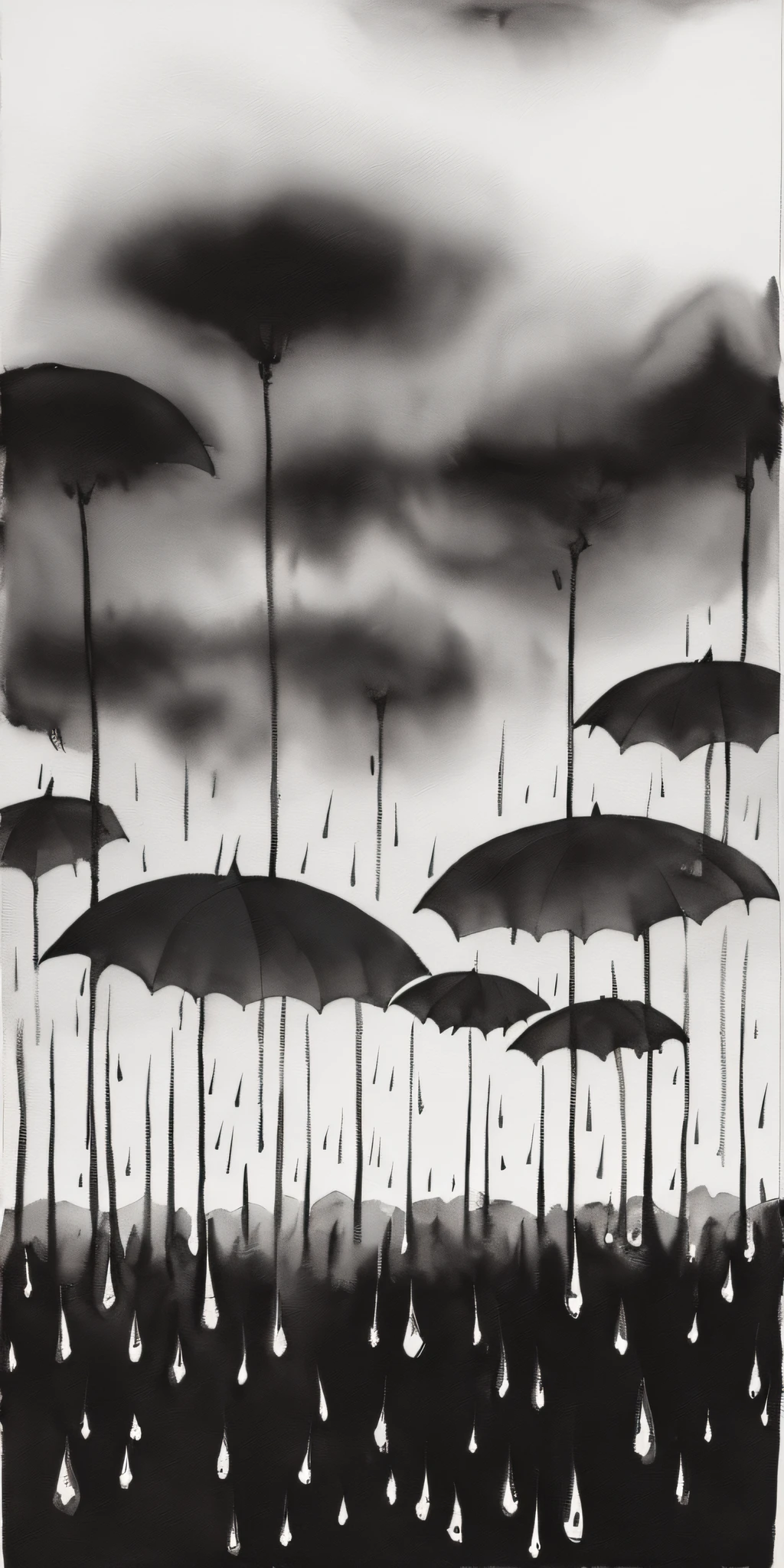 Abstract (black and white) watercolor painting of a bunch of open umbrellas receiving rain, and allowing water to drip from the rim, masterpiece, in the style of Andy Warhol