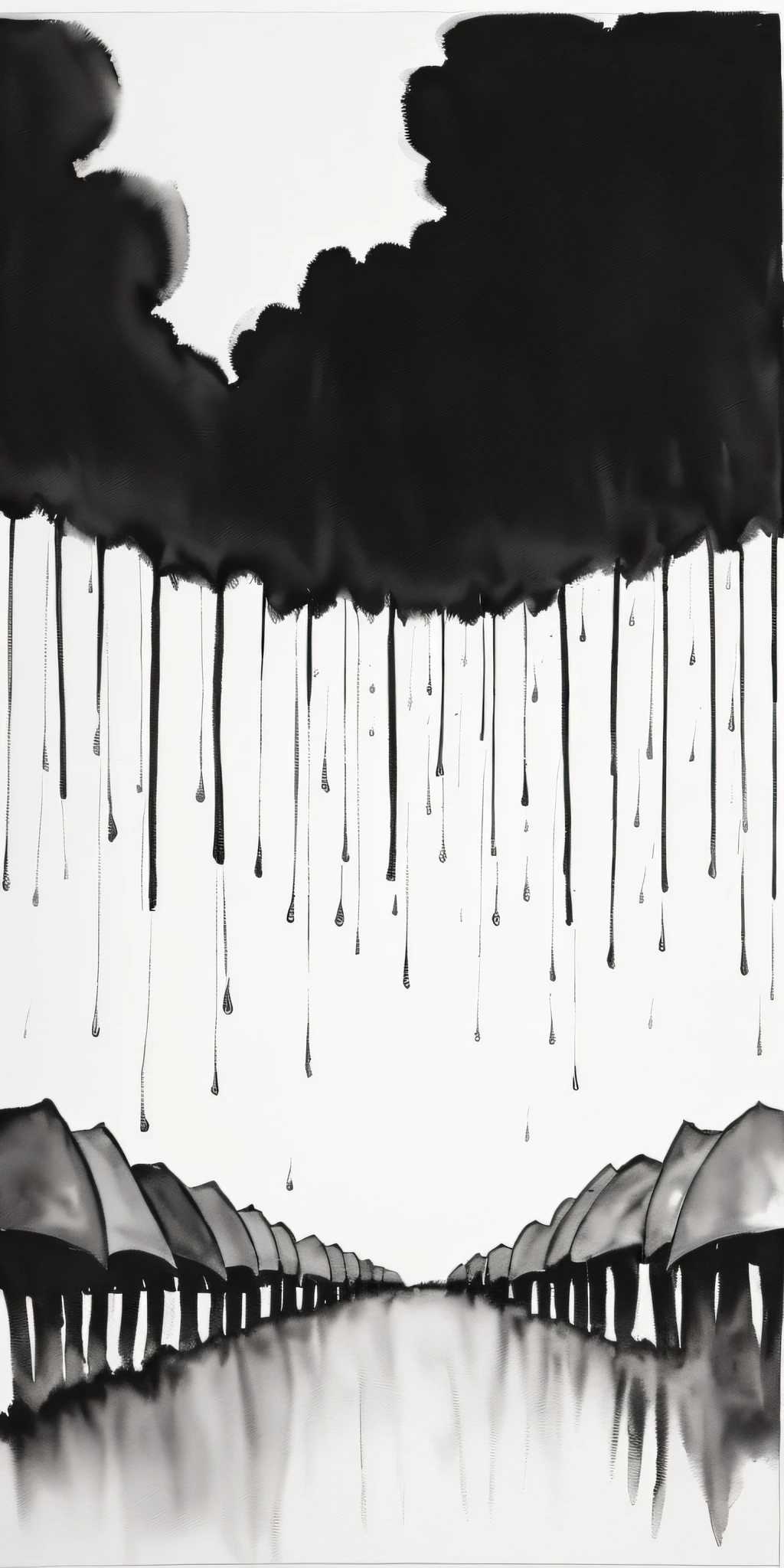 Abstract (black and white) watercolor painting of a bunch of open umbrellas receiving rain, and allowing water to drip from the rim, masterpiece, in the style of Andy Warhol