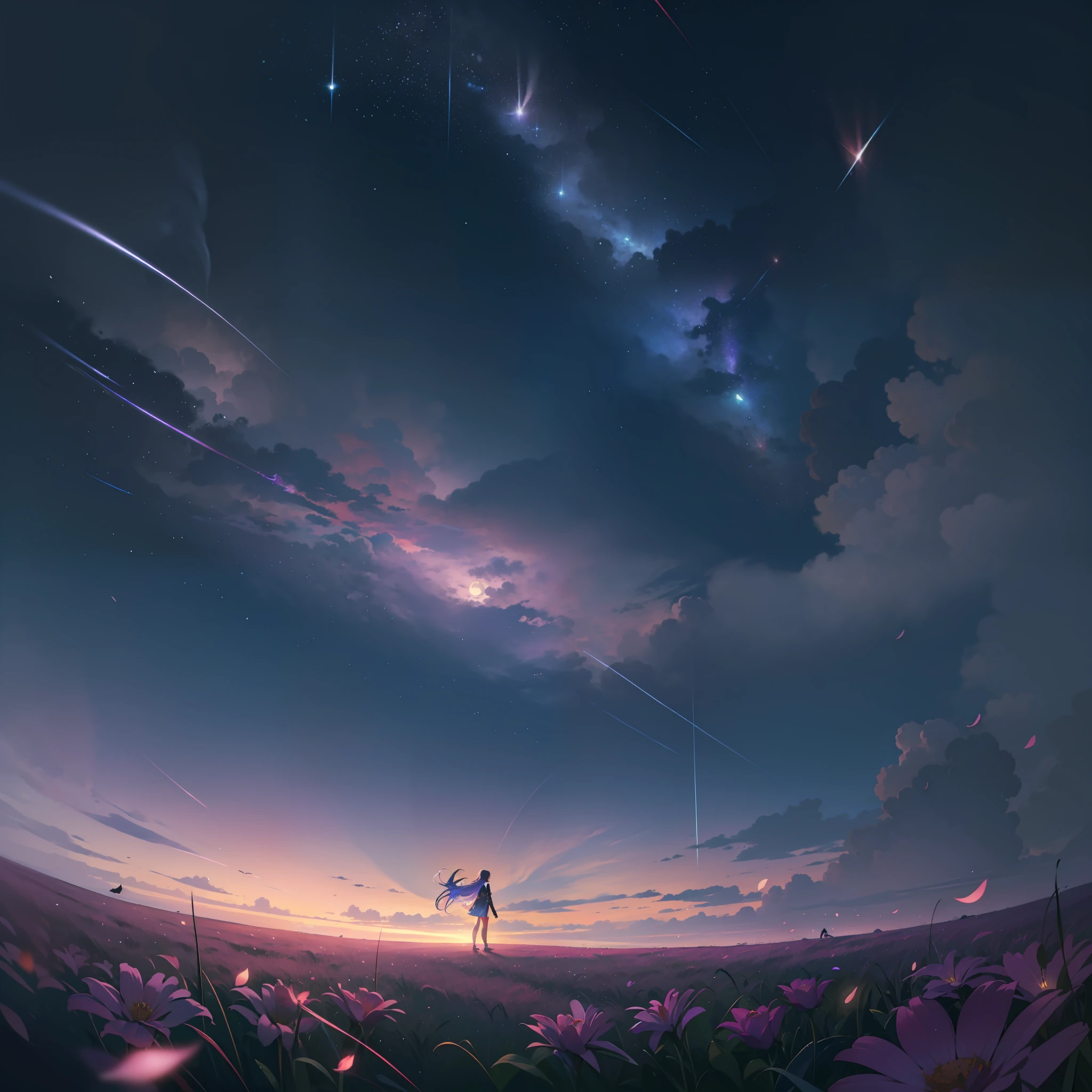 Vast landscape photo, (viewed from below, the sky is above and the open field is below), a girl standing on a flower field looking up, (full moon: 1.2), (meteor: 0.9), (nebula: 1.3), distant mountains , Trees BREAK Crafting Art, (Warm Light: 1.2), (Fireflies: 1.2), Lights, Lots of Purple and Orange, Intricate Details, Volumetric Lighting, Realism BREAK (Masterpiece: 1.2), (Best Quality), 4k, Ultra-Detailed, (Dynamic Composition: 1.4), Very Detailed, Colorful Details, (Rainbow Colors: 1.2), (Glow Lighting, Atmospheric Lighting), Dreamy, Magical, (Solo: 1.2)