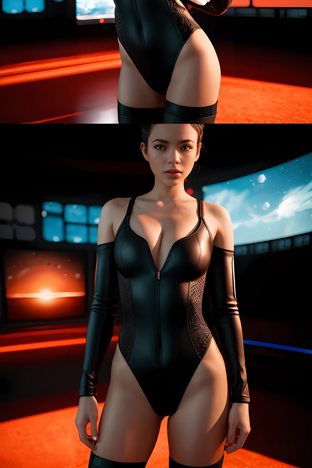 (Realistic), (masterpiece), 1girl, Beautiful 30 year old woman, (Yukie Kawamura:Cara Delavingne:0.5), (high detail plunging bodycon suit), fit athletic body, small breasts:1.2, broad shoulders, scifi spaceship background, 8k, (insanely detailed:1.5), full body photograph, 20 megapixel, canon eos r3, detailed skin, rim lighting, backlit, studio lighting, scifi environment