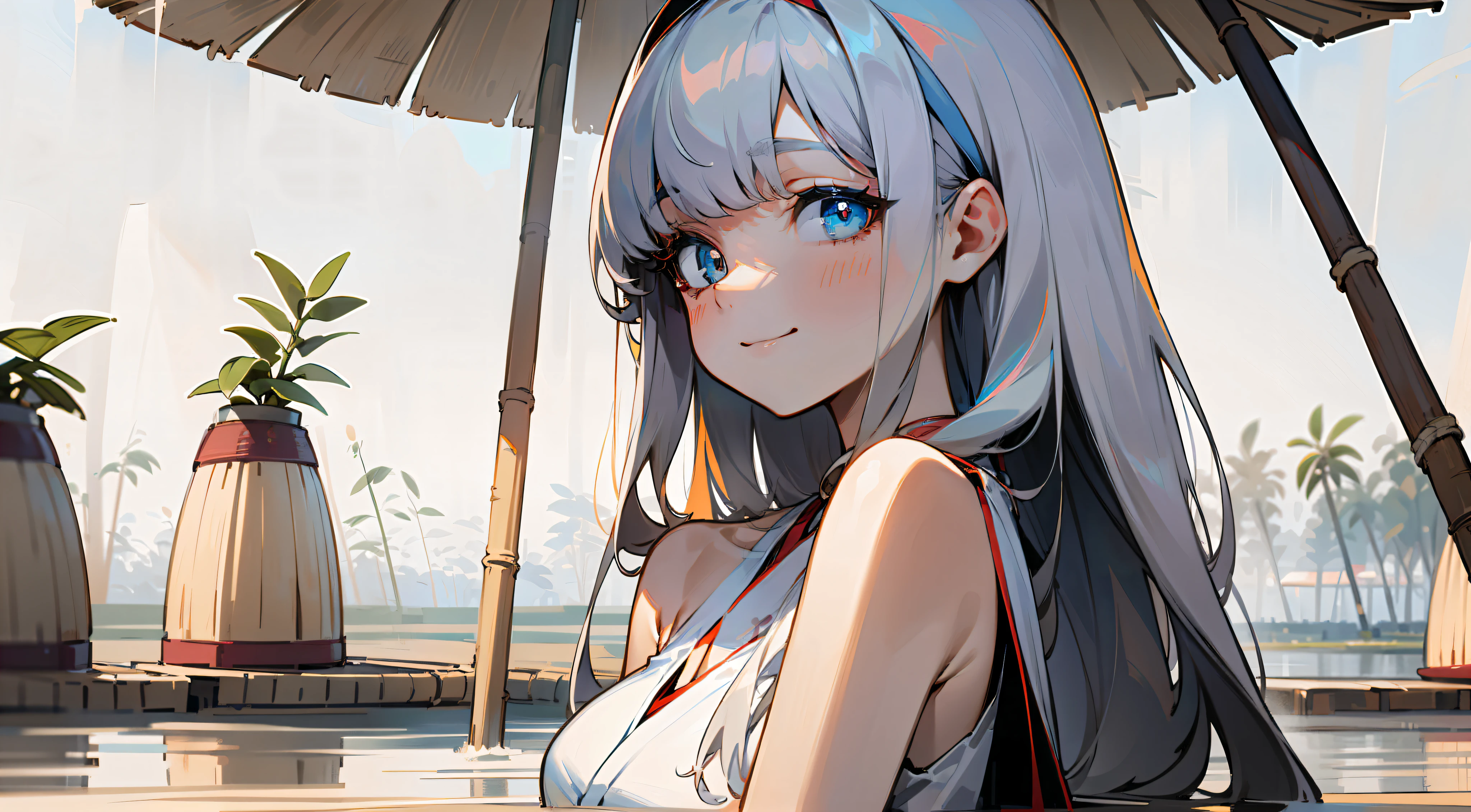 colorful illustrations，Strong contrast between red and blue，1个Giant Breast Girl，long whitr hair，Detailed eyes，Forrest gump，exposed bare shoulders，Hanfu，lakes，Pure，softl smile，bamboos，teas