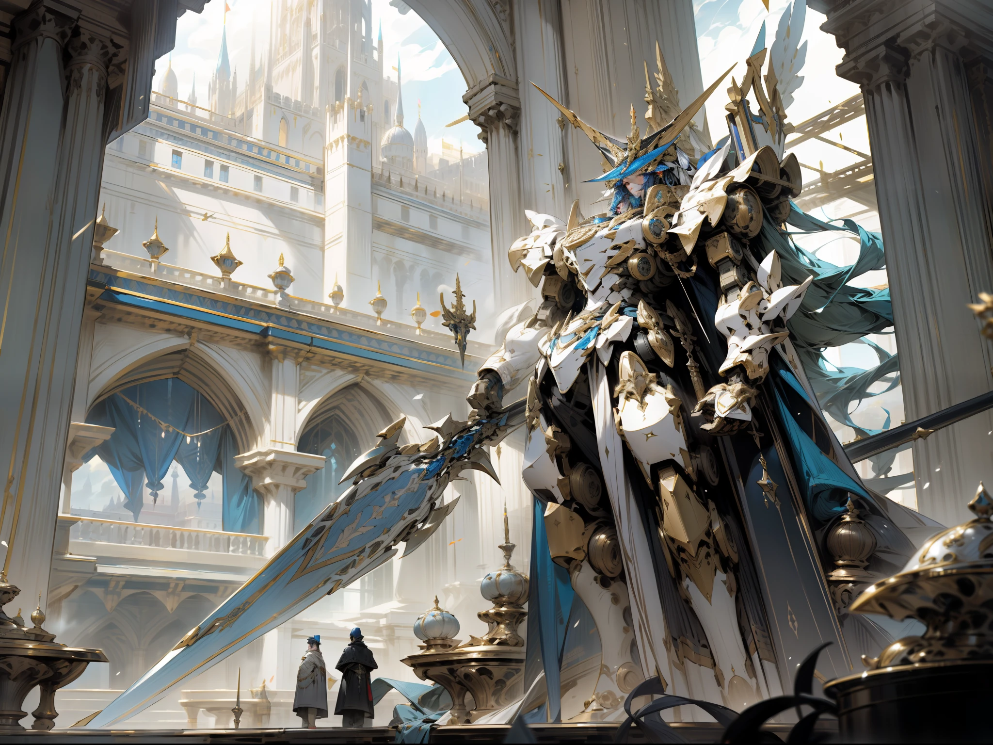 Picture an impressive royal mecha, predominantly black accents, standing tall and holding a huge spear on the palace courtyard alone. This mecha features a futuristic design with intricate details. The blue accents on certain parts add a luxurious gleam and highlight its design lines. In the background an epic and mesmerizing atmosphere.