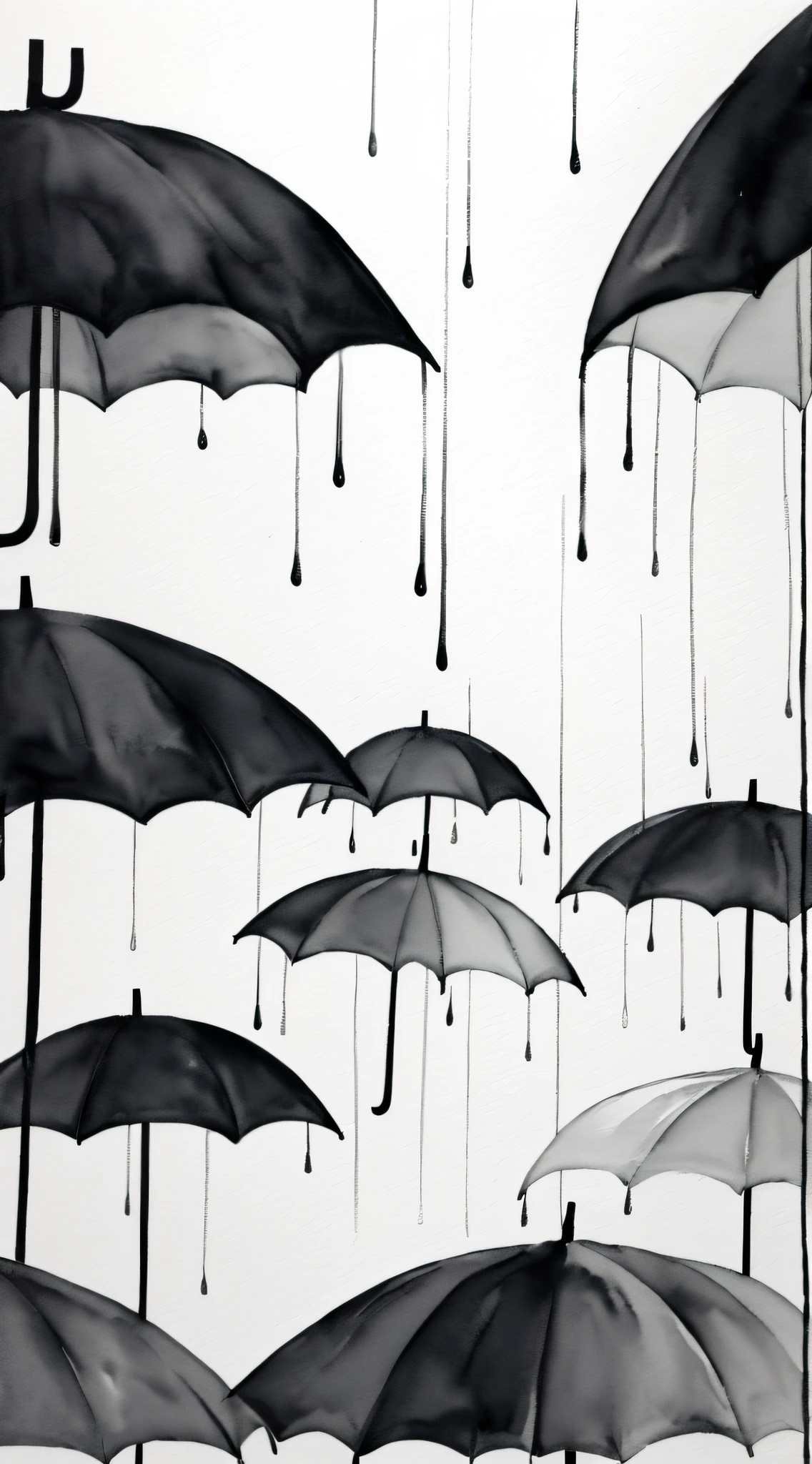 Abstract (black and white) watercolor painting of a bunch of open umbrellas receiving rain, and allowing water to drip from the rim, masterpiece, in the style of Andy Warhol