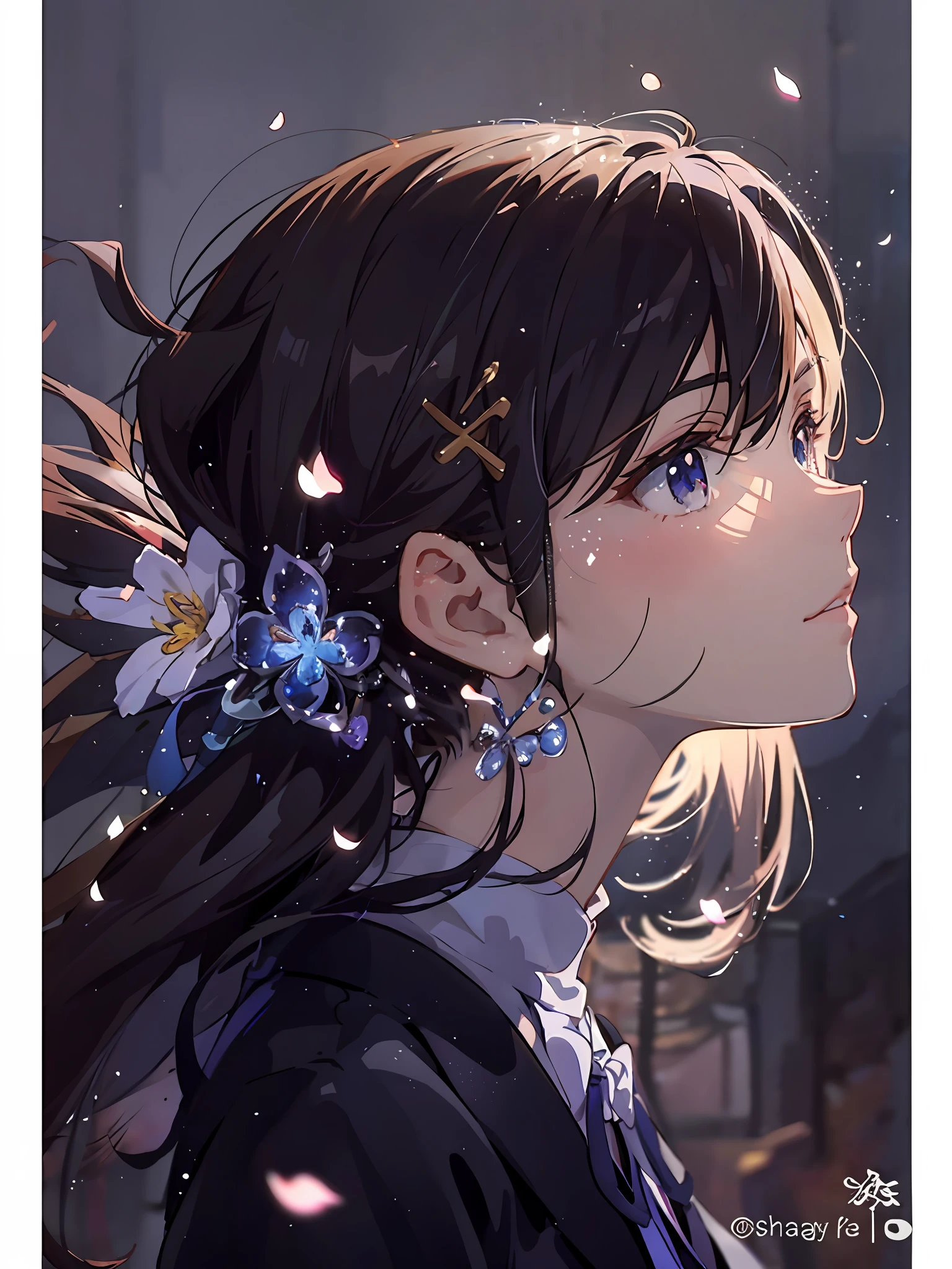 Anime girl with flower hairpins, a beautiful anime portrait, Stunning anime face portrait, Coming from the fire，