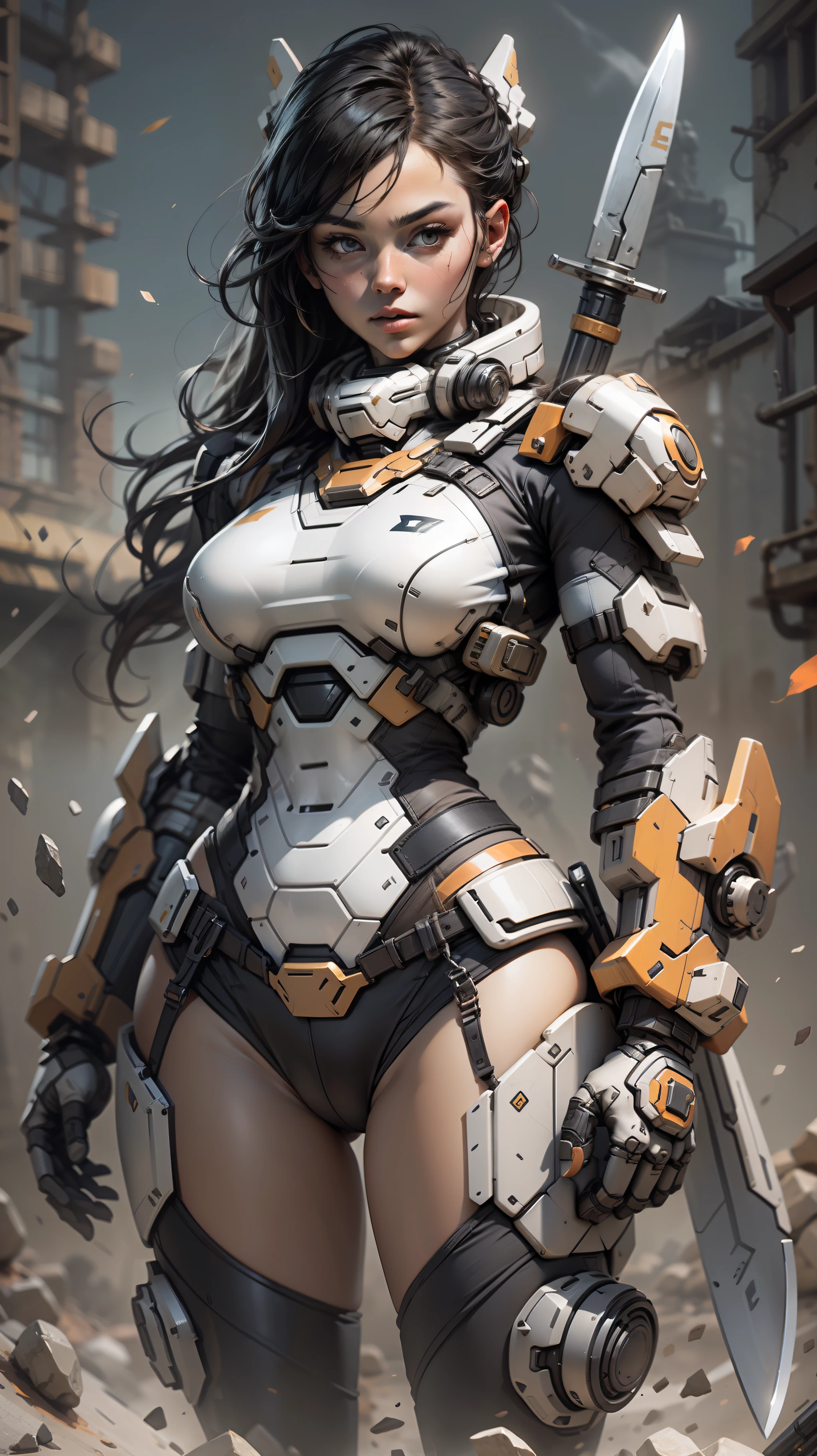 8k, masterpiece, realistic, attractive, highly detailed, The mech warrior is stout and holding a huge weapon, and the mech beauty is holding a knife,