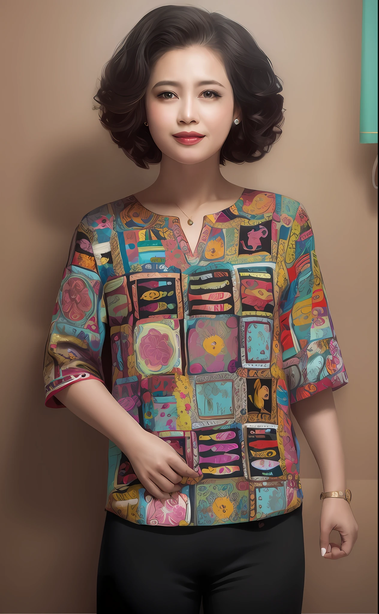 A woman in a colorful shirt and black pants, H 576, loose - fitting blouses, h 7 0 4, H 768, h 7 6 8, Femme, Gorgeous lady, digital art - w 640, e621, vintage - w 1 0 2 4, patterned clothing, with acient chinese clothes, multicolour, Lady