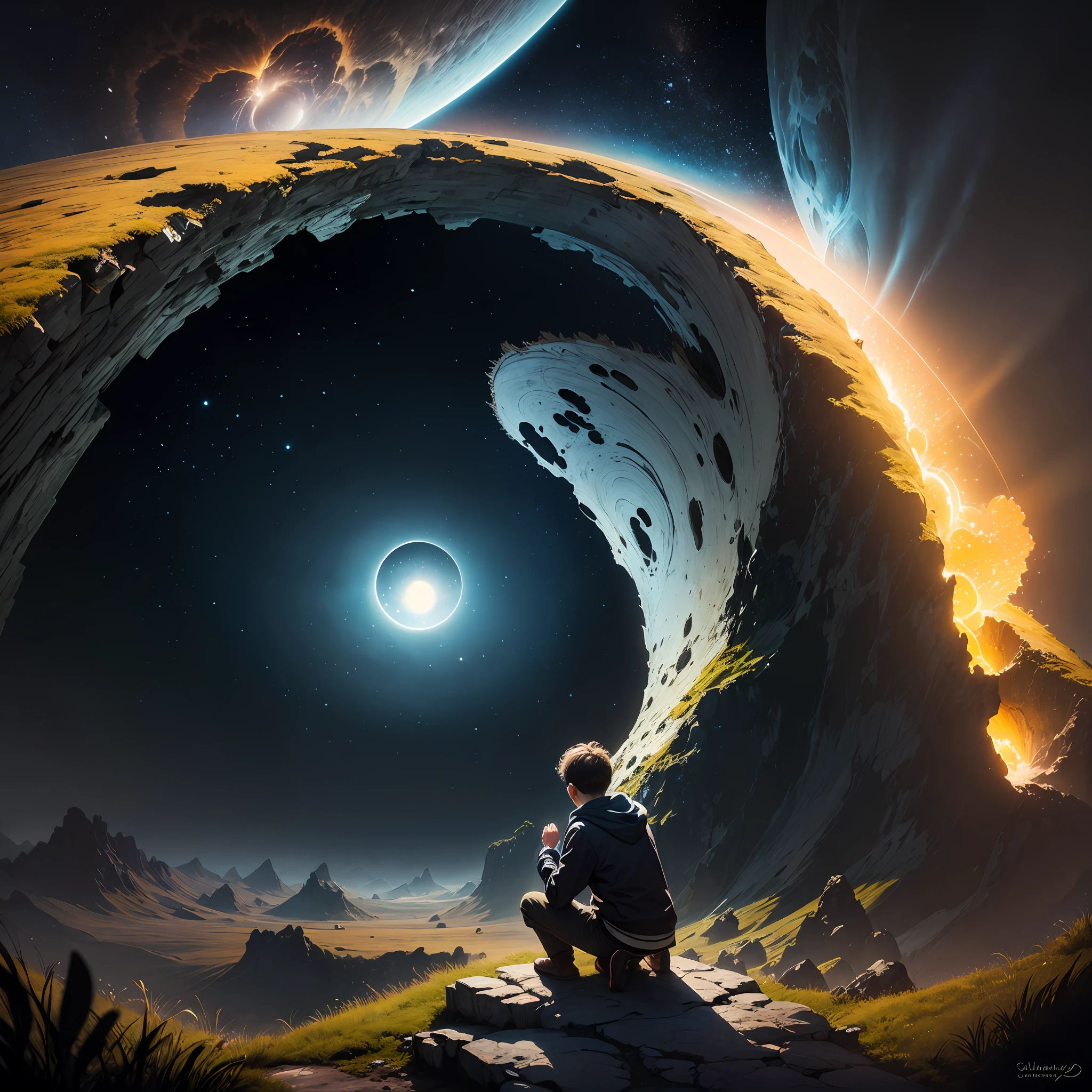 Uma noite escura em meio a uma floresta densa ,the boy kneeling on the edge of a cliff praying to a black hole emitting light from its shimmering core --auto