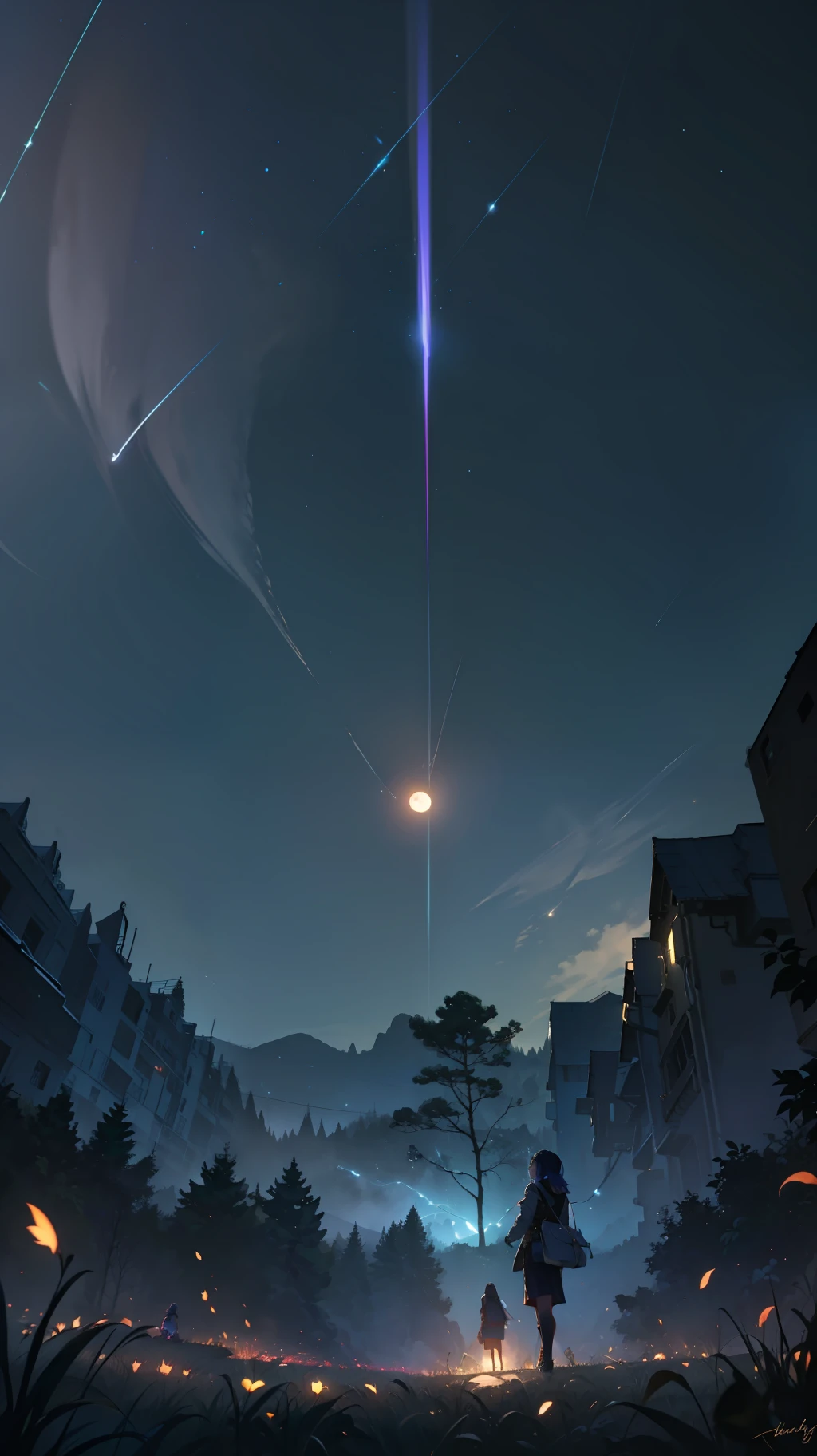 Vast landscape photo, (viewed from below, the sky is above and the open field is below), a girl standing on a flower field looking up, (full moon: 1.2), (meteor: 0.9), (nebula: 1.3), distant mountains , Trees BREAK Crafting Art, (Warm Light: 1.2), (Fireflies: 1.2), Lights, Lots of Purple and Orange, Intricate Details, Volumetric Lighting, Realism BREAK (Masterpiece: 1.2), (Best Quality), 4k, Ultra-Detailed, (Dynamic Composition: 1.4), Very Detailed, Colorful Details, (Rainbow Colors: 1.2), (Glow Lighting, Atmospheric Lighting), Dreamy, Magical, (Solo: 1.2)