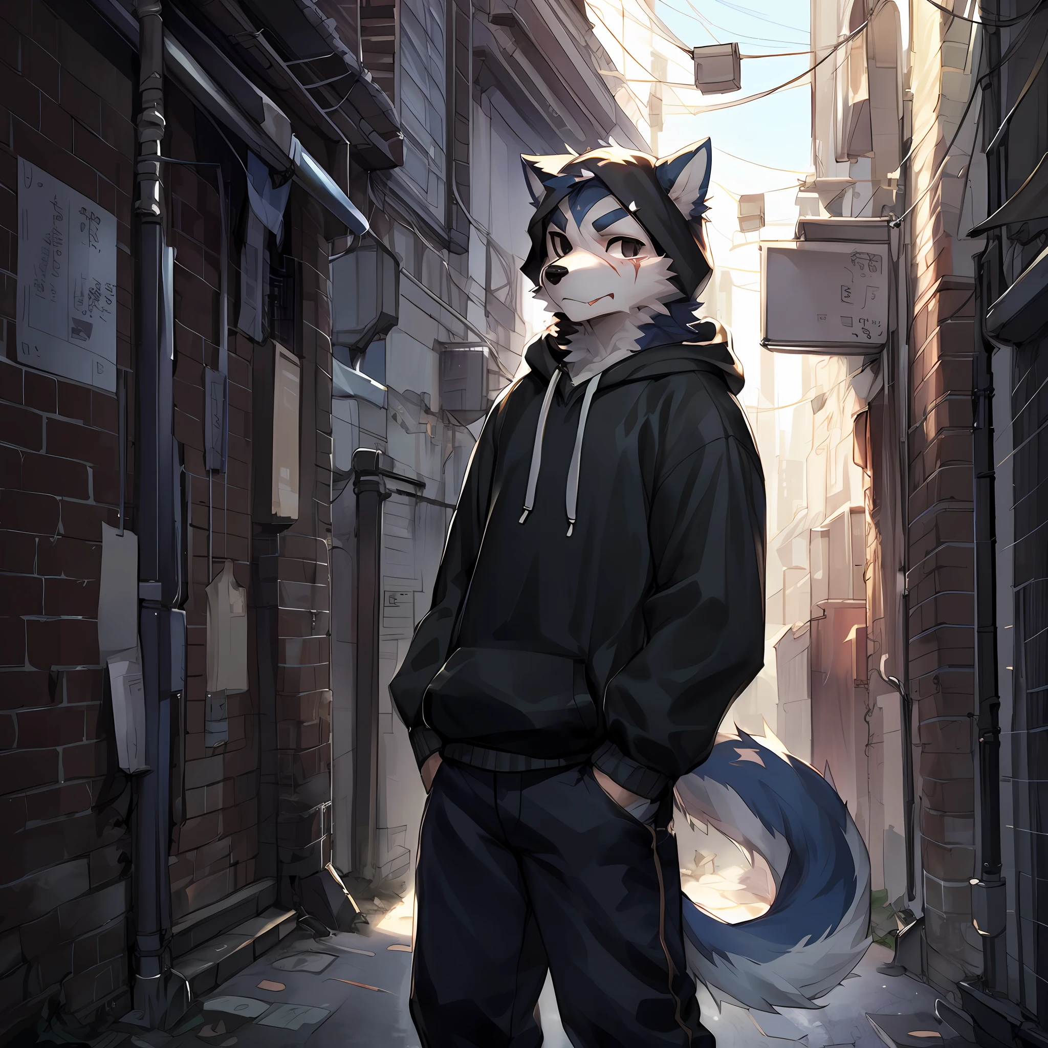 copperrtf, dog boy,
masterpiece, best quality, absurd res, by kiyosan, by null-ghost,
furry, male, solo, hoodie, pants, black pupils, black eyes, thick eyebrows, two tone fur, scar on eye,
looking at viewer, detailed fur, fluffy, tail,
detailed background, alley,