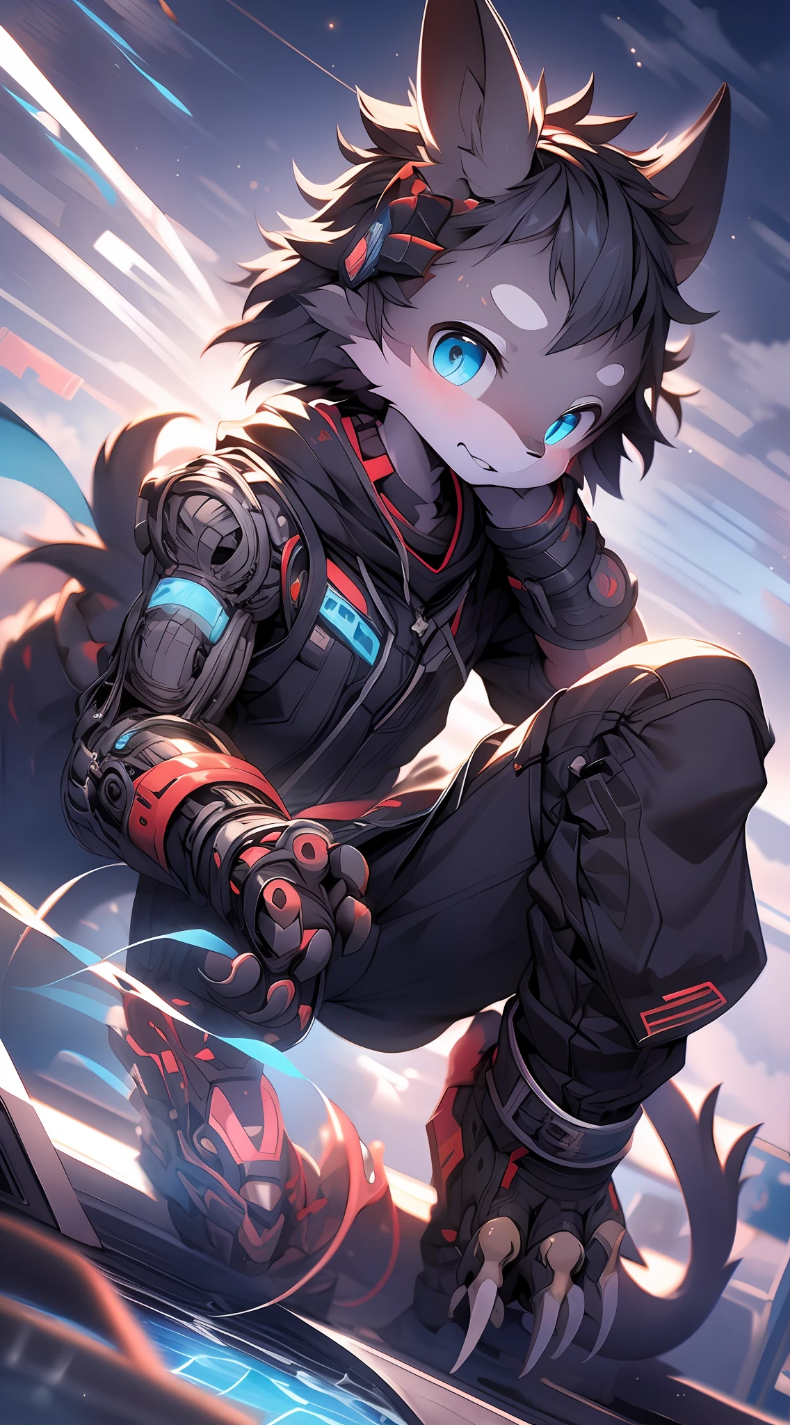 Dragons in mecha,bit girl,dark gray,Blue-and-black hair,eBlue eyes,adolable,Mechanical nanoskin,black reotard,black over-the-knee socks,full bodyesbian,nakeness,Shota,Black is the theme,emaciated,emaciated,is shy,8K quality,Extreme light and shadow