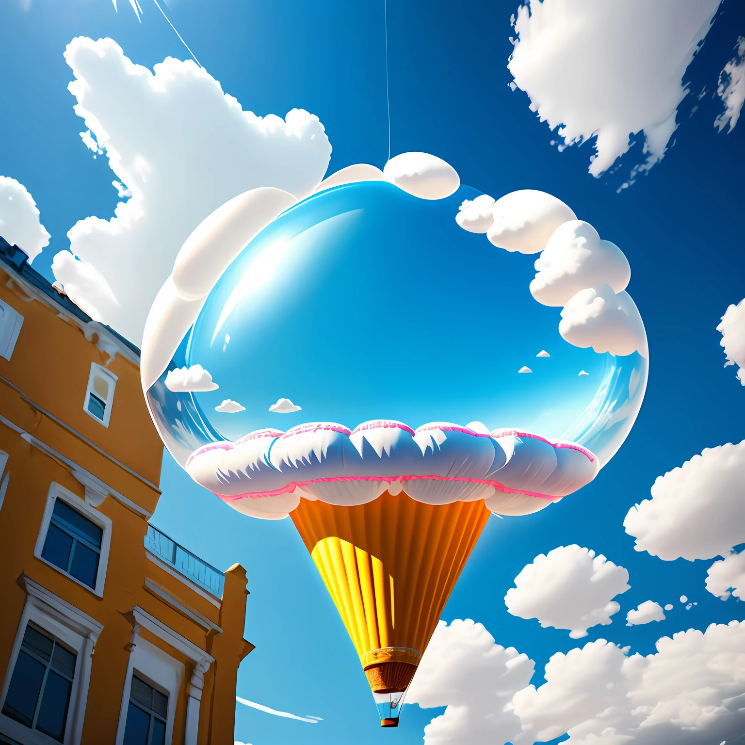 inflatable toy,(Ice cream-shaped),inflatable, transparent inflation balloon,no emoji,in the blue sky and white cloud,made out of inflated transparent plastic,airy, anti-gravity feeling, close up, floating in the sky,installation art, bright light, 8k --s 750 --style raw --ar 3:4 --v 5.1 --auto