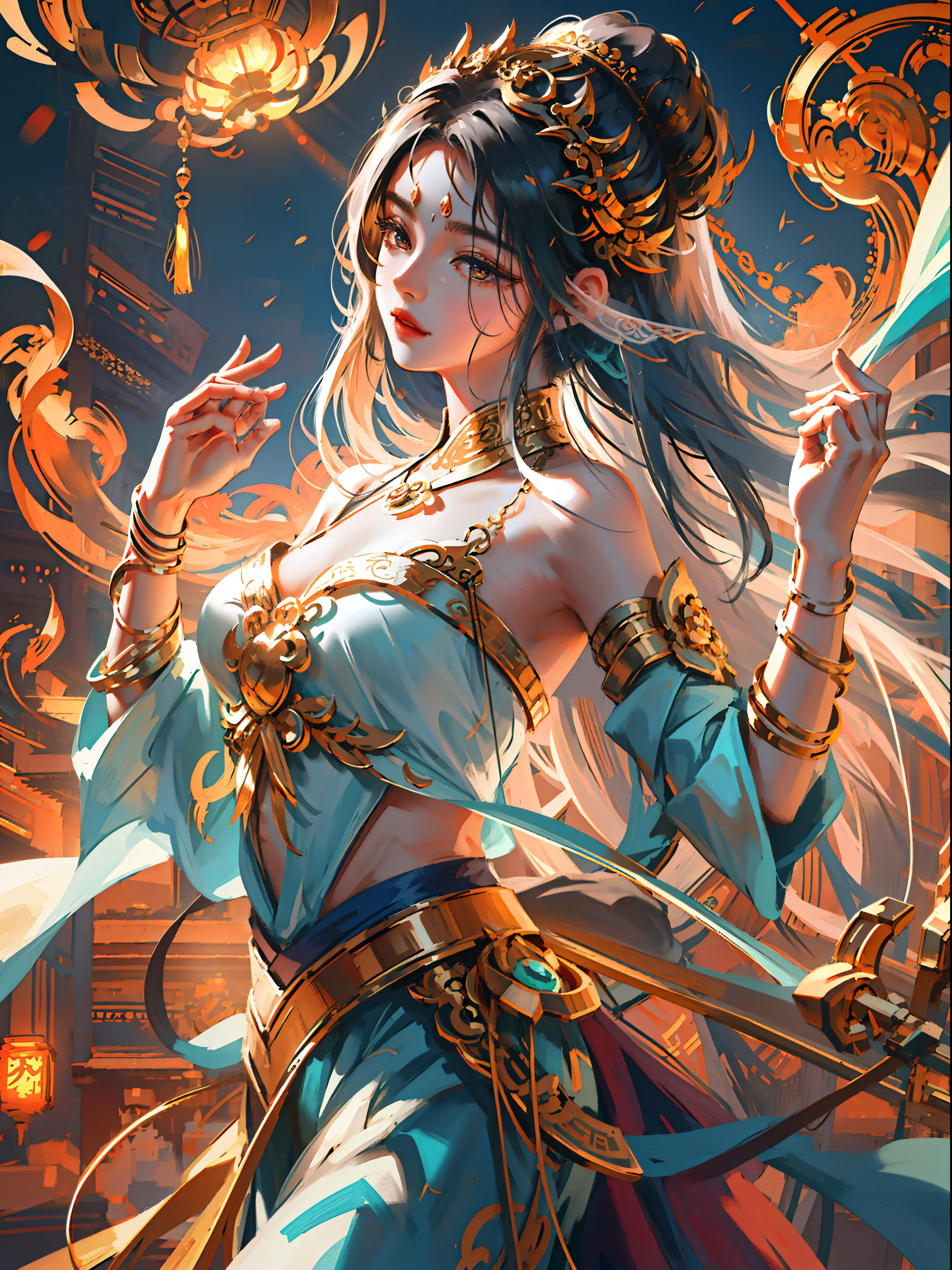 A masterpiece of a Buddhist Guanyin Bodhisattva, white super long hair, flowing long hair, exquisite jewelry, delicate bracelets, exquisite hair accessories, high on the feeling, aperture on the back, bodhisattva, fairy qi fluttering, holding various magic weapons in his hands, golden bracelets on ankles, ancient Chinese costumes, robes, gorgeous silk, flowing tulle, dazzling background, golden aperture on the back, gold Falun on the back, best light, backlit shooting, movie filter, (hands together), (thousand hands Guanyin statue), ultra HD, 8k, fair skin, Wolp_style, duhuang_style, close-up of upper body, detailed face, professional classical dance moves, person floating in the air, (sideways: 1.4), 28 years old, 1girl, fitness marks, slim body, a little muscle, vest line, lean back curved body, digital illustration art, superlative art painting